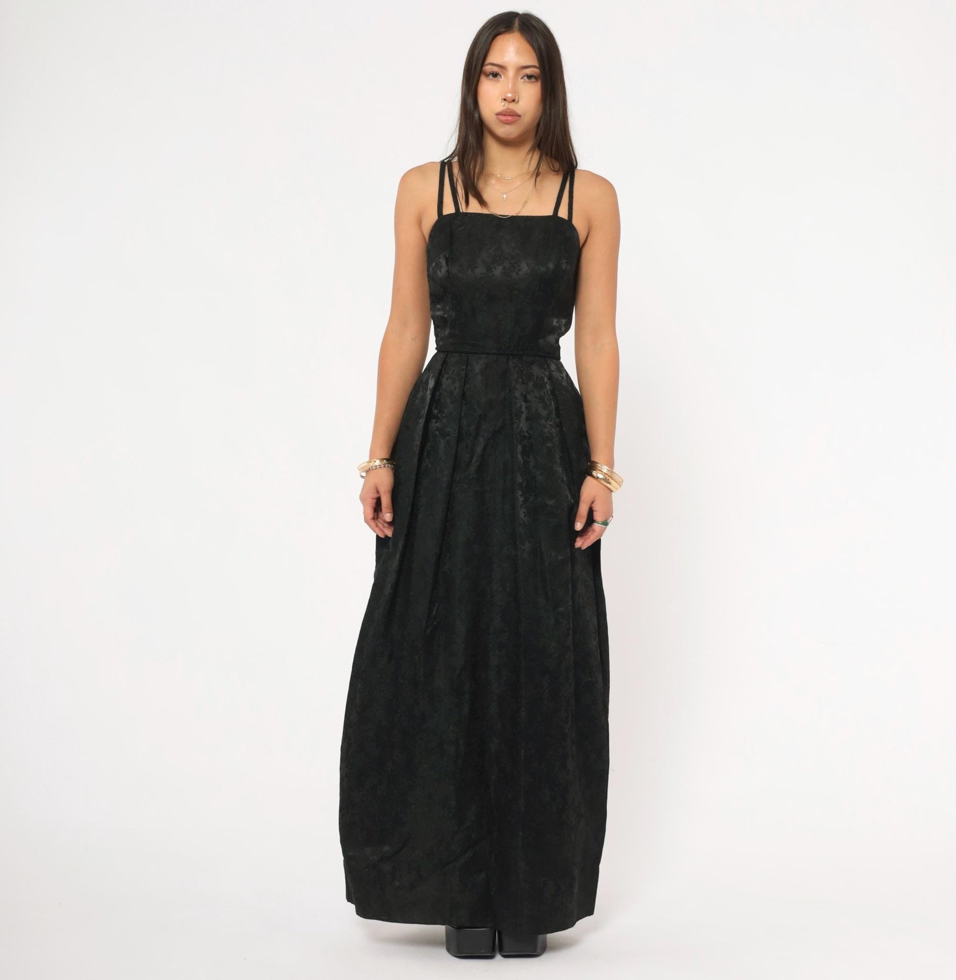 90s Black Jacquard Maxi Gown Double Strap Floral Brocade Floor Length Extra Small XS