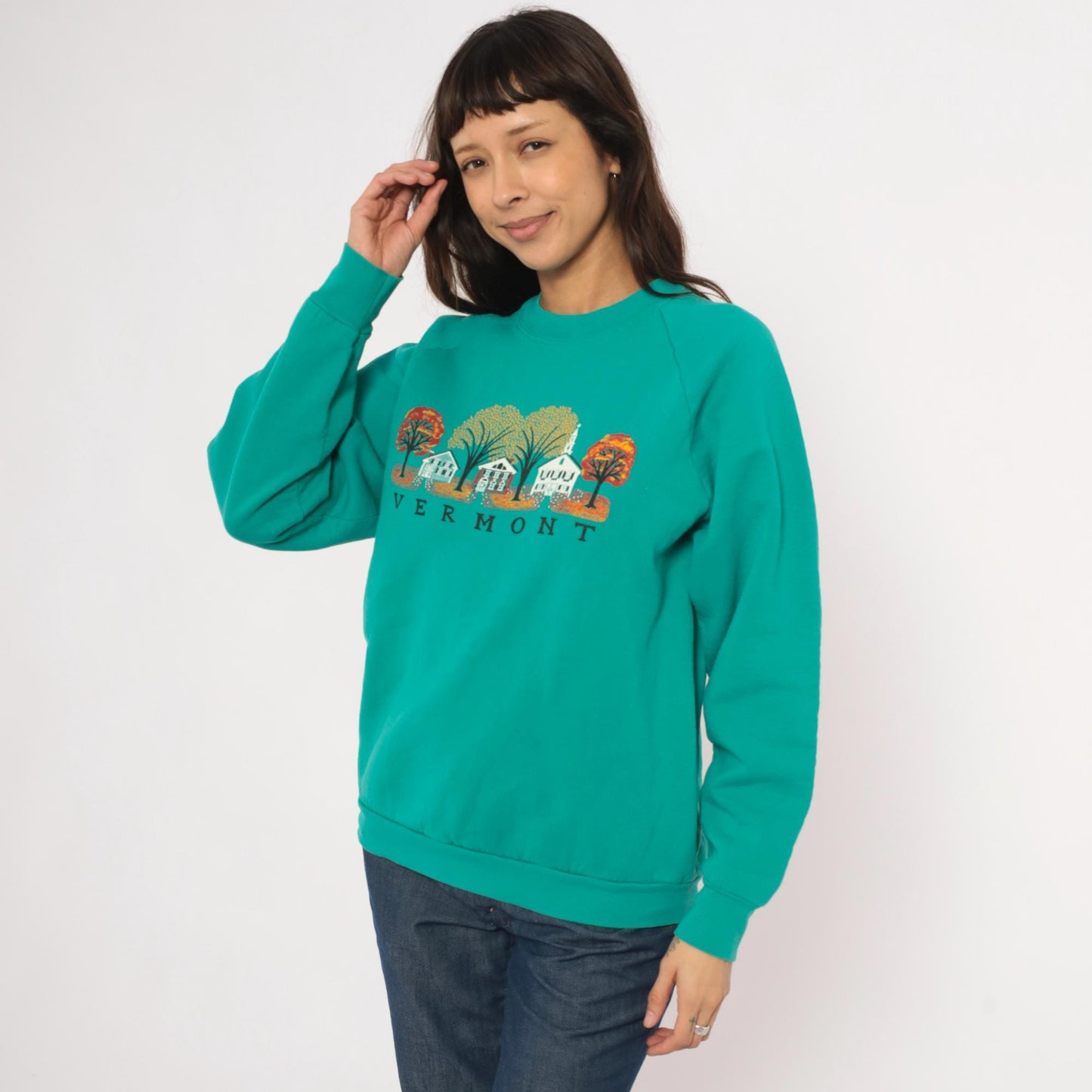 90s Vermont Autumn Village Teal Crewneck Sweatshirt Cotton Graphic Large L