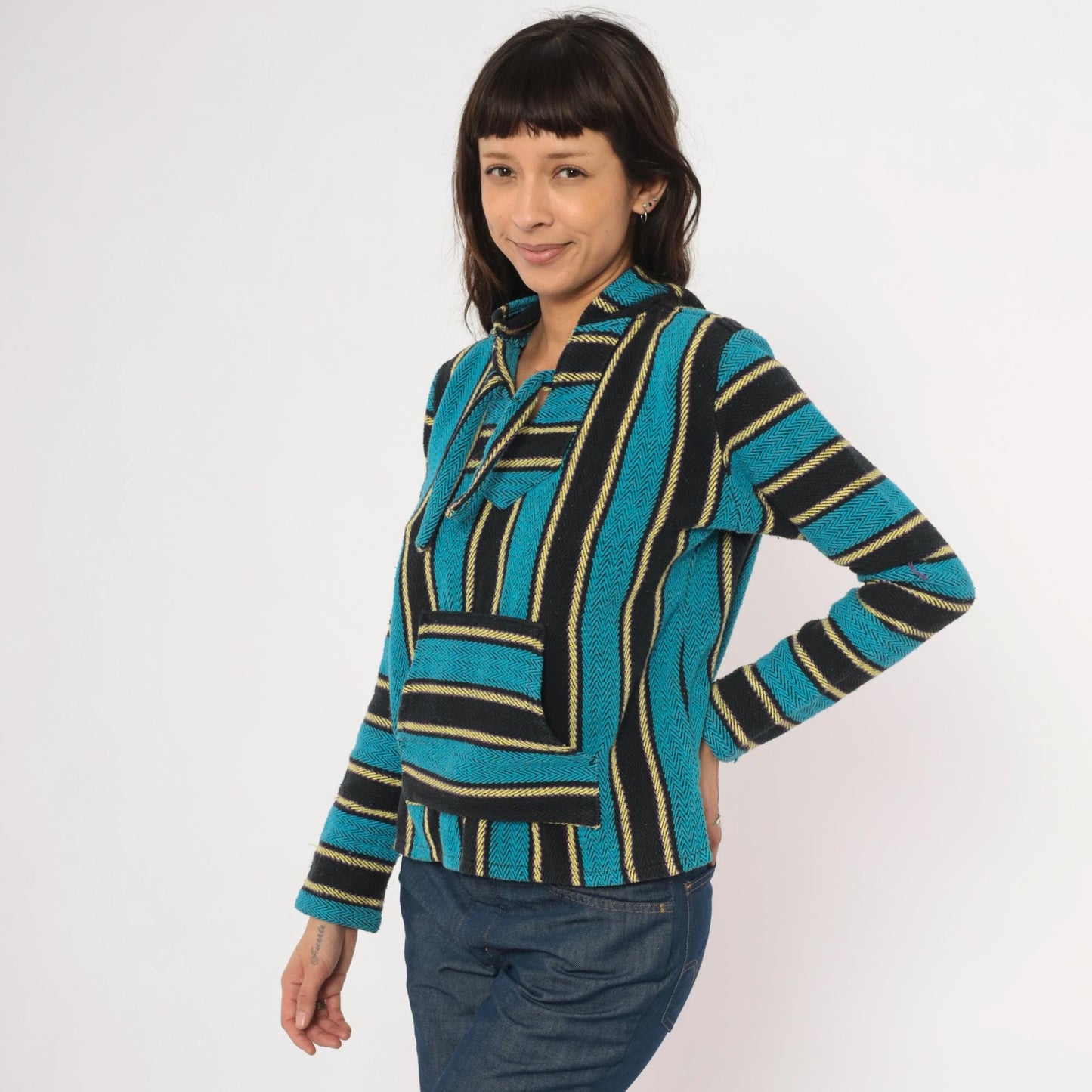 2000s Señor Lopez Baja Hoodie Teal Black Gold Striped Pullover Extra Small XS