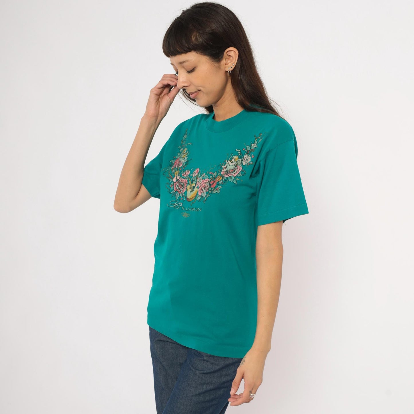 90s Branson Cherub Angel Roses Guitar Teal Cotton Graphic Tee Small