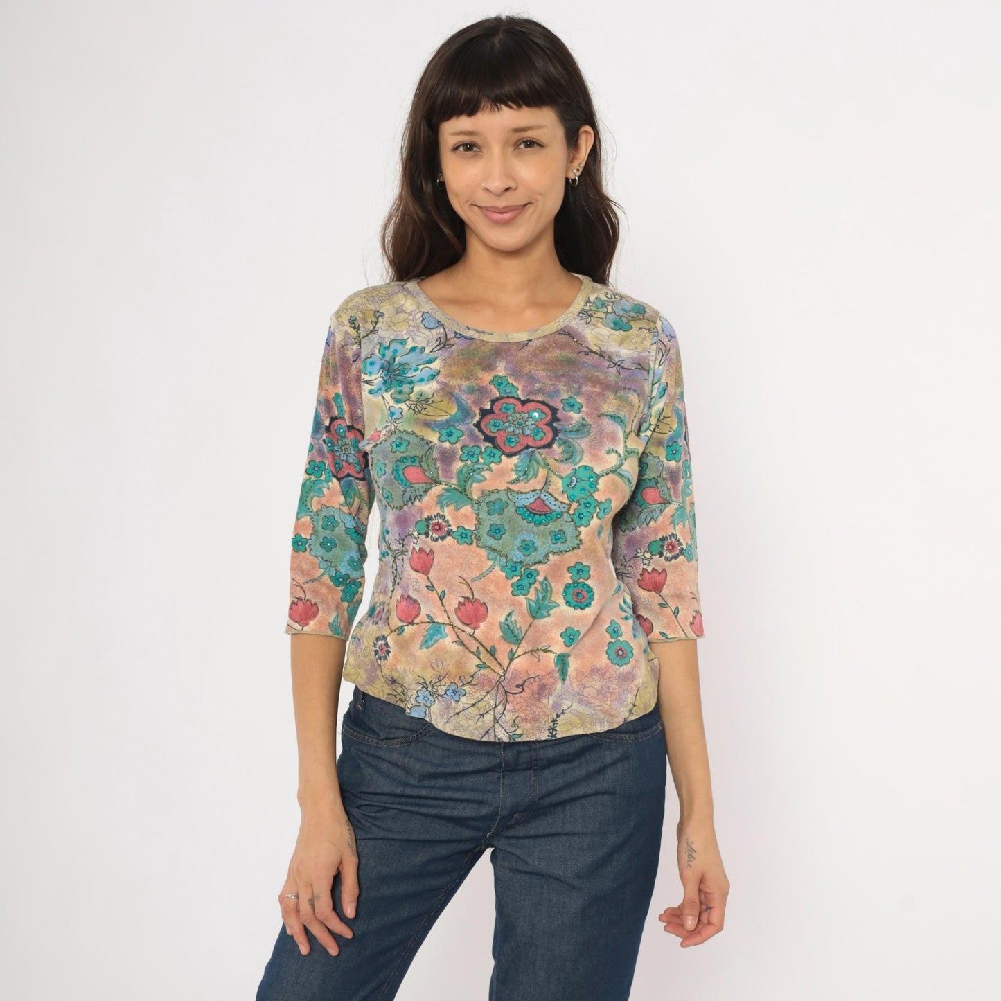 Y2K Watercolor Floral Sequin Top Three Quarter Sleeve Teal Rose Lavender Small S