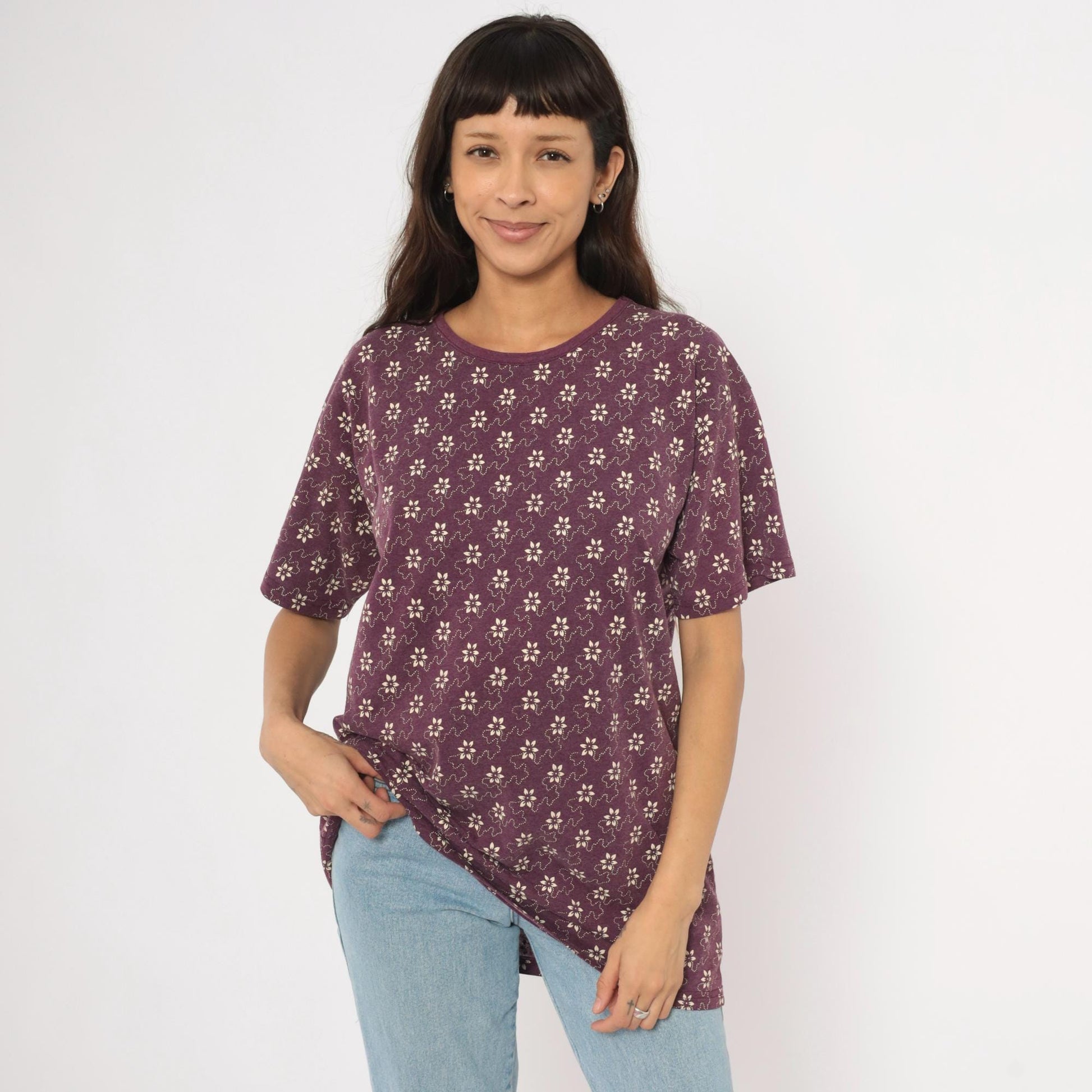 90s Kavio Designs Floral Tee Plum Ditsy Print Cotton Tunic Large L