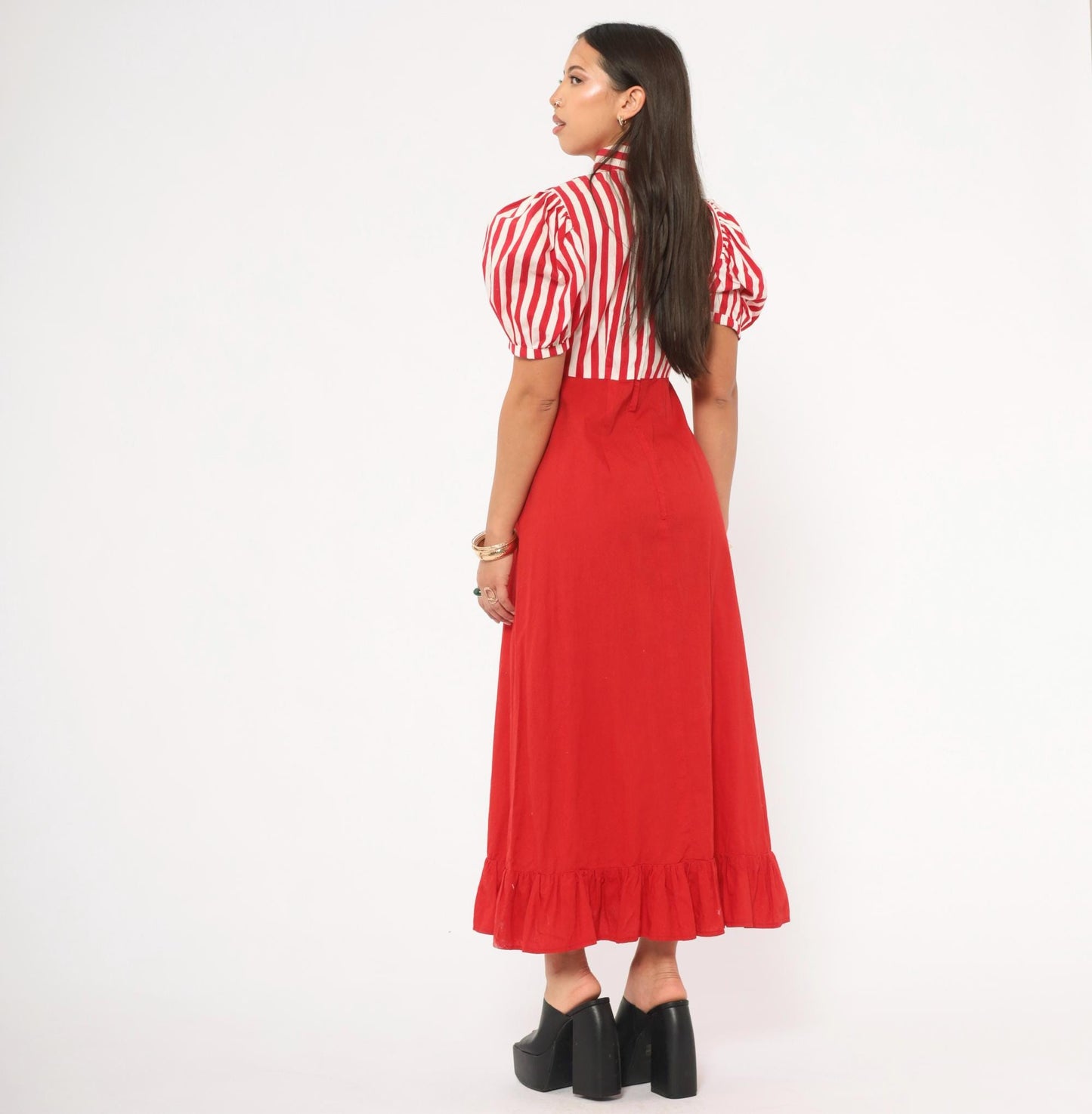 70s Red White Striped Cotton Maxi Dress Puff Sleeve Empire Waist Medium M