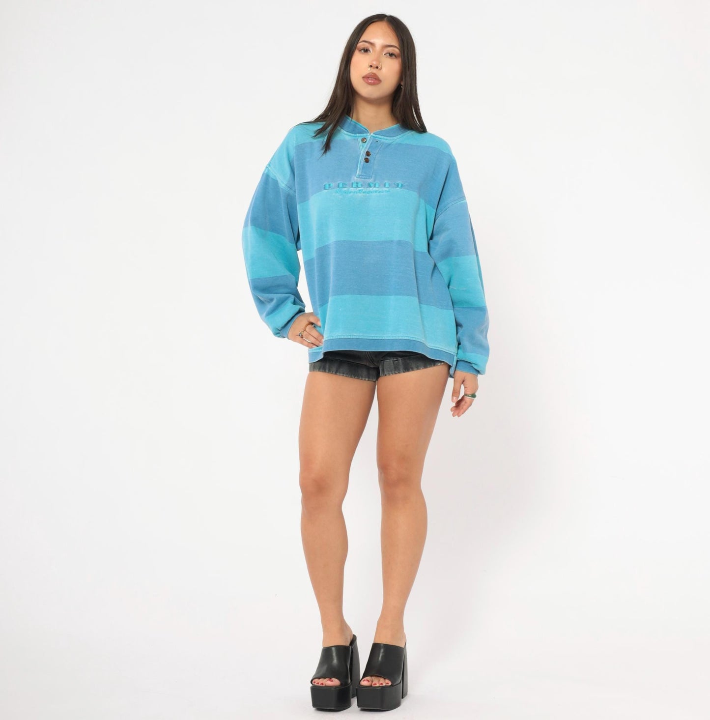 90s Permit Sportswirt Striped Henley Sweatshirt Blue Teal Colorblock Large L