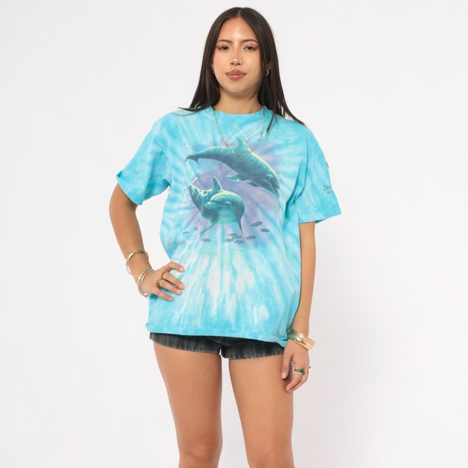 90s Anvil Tie Dye Dolphin Graphic Tee Aqua Purple Ocean Large L