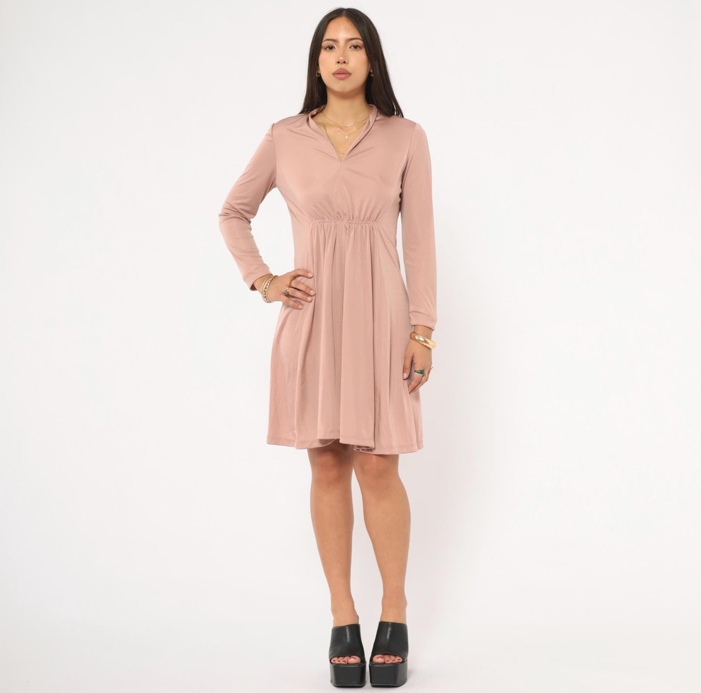 70s Mauve Mini Dress Long Sleeve V-Neck Gathered Waist A-Line Small S