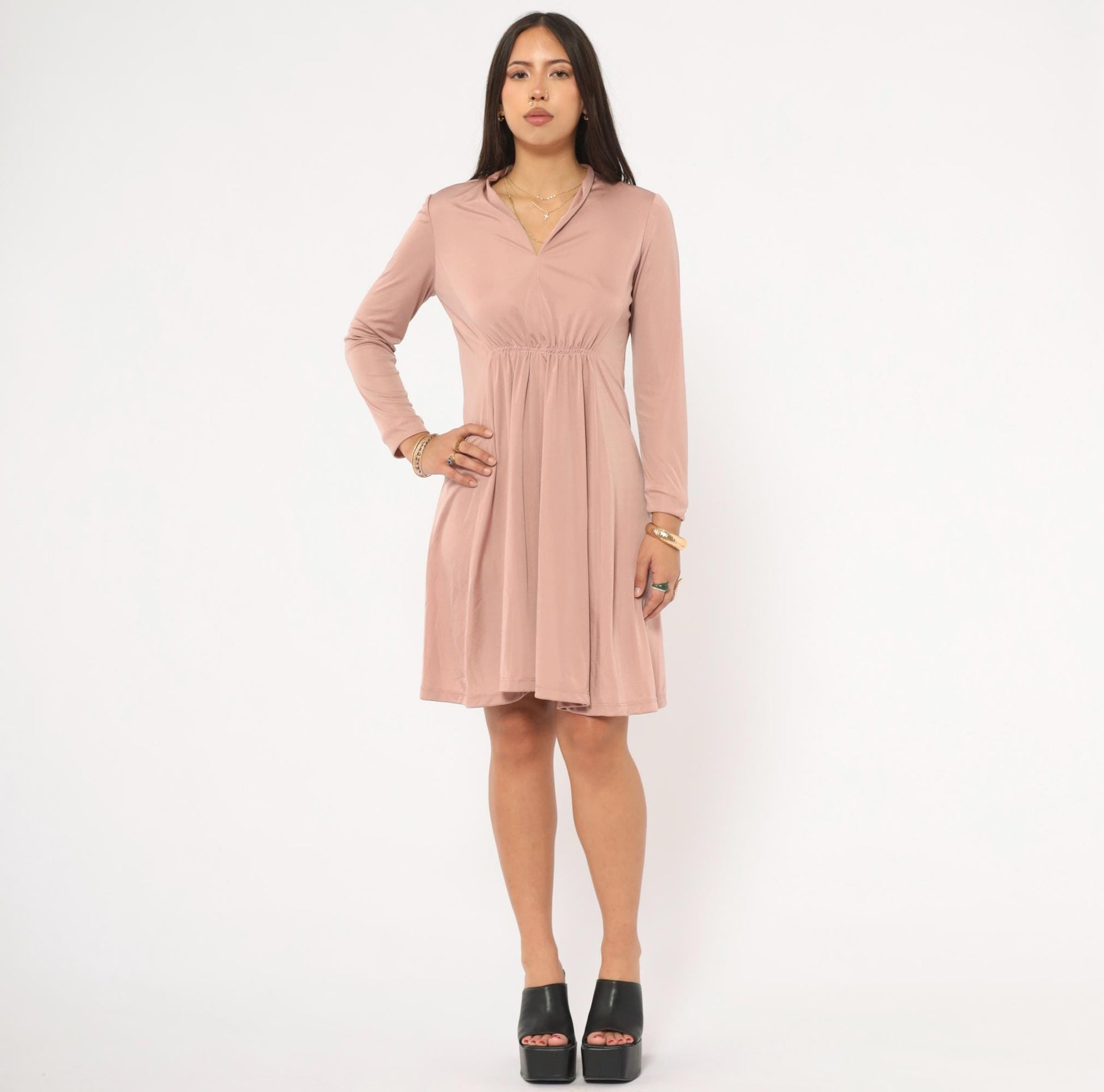 70s Mauve Mini Dress Long Sleeve V-Neck Gathered Waist A-Line Small S