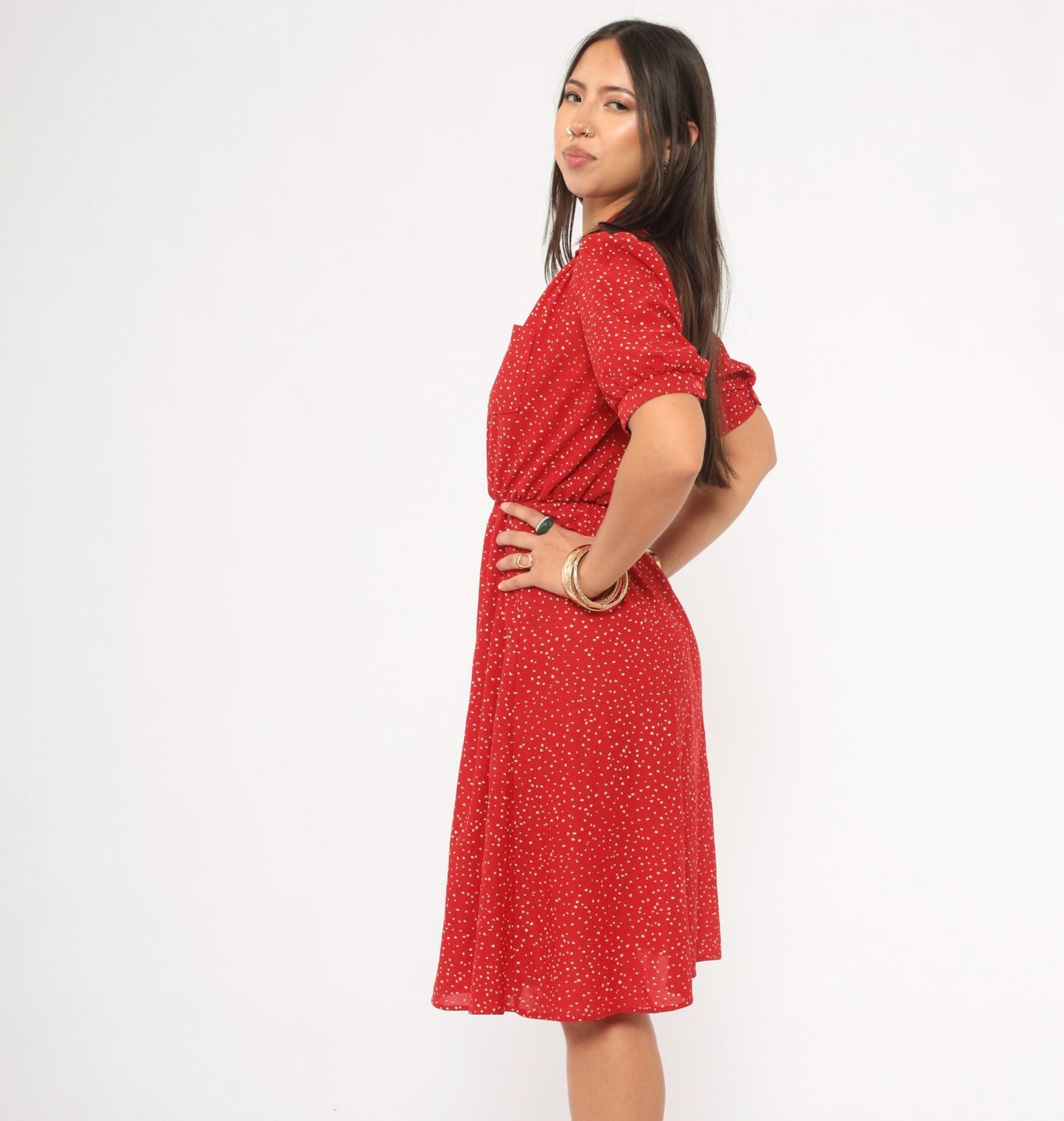 80s Red Speckled Dot Shirtdress White Print Puff Sleeve Knee Length Small