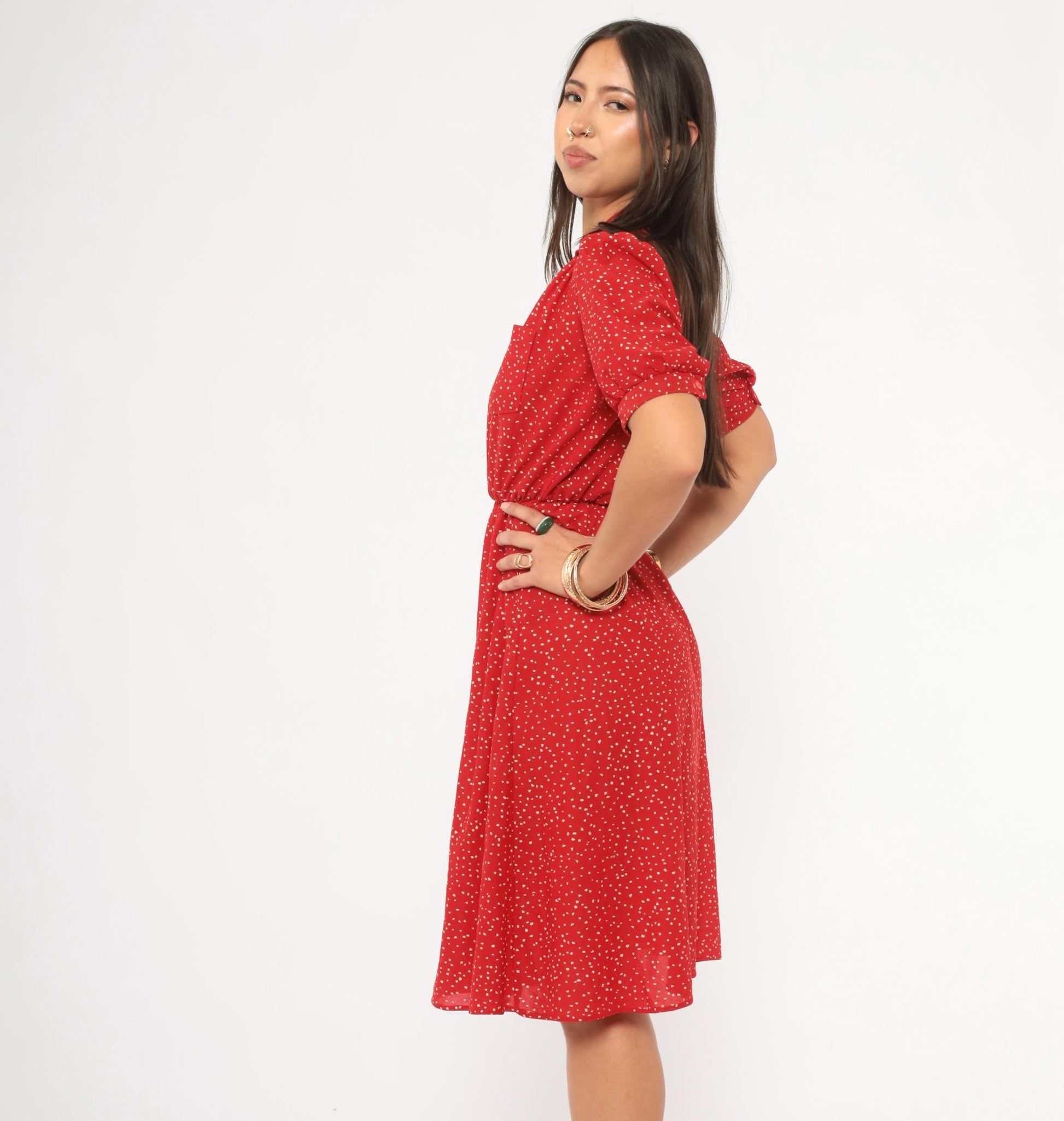 80s Red Speckled Dot Shirtdress White Print Puff Sleeve Knee Length Small