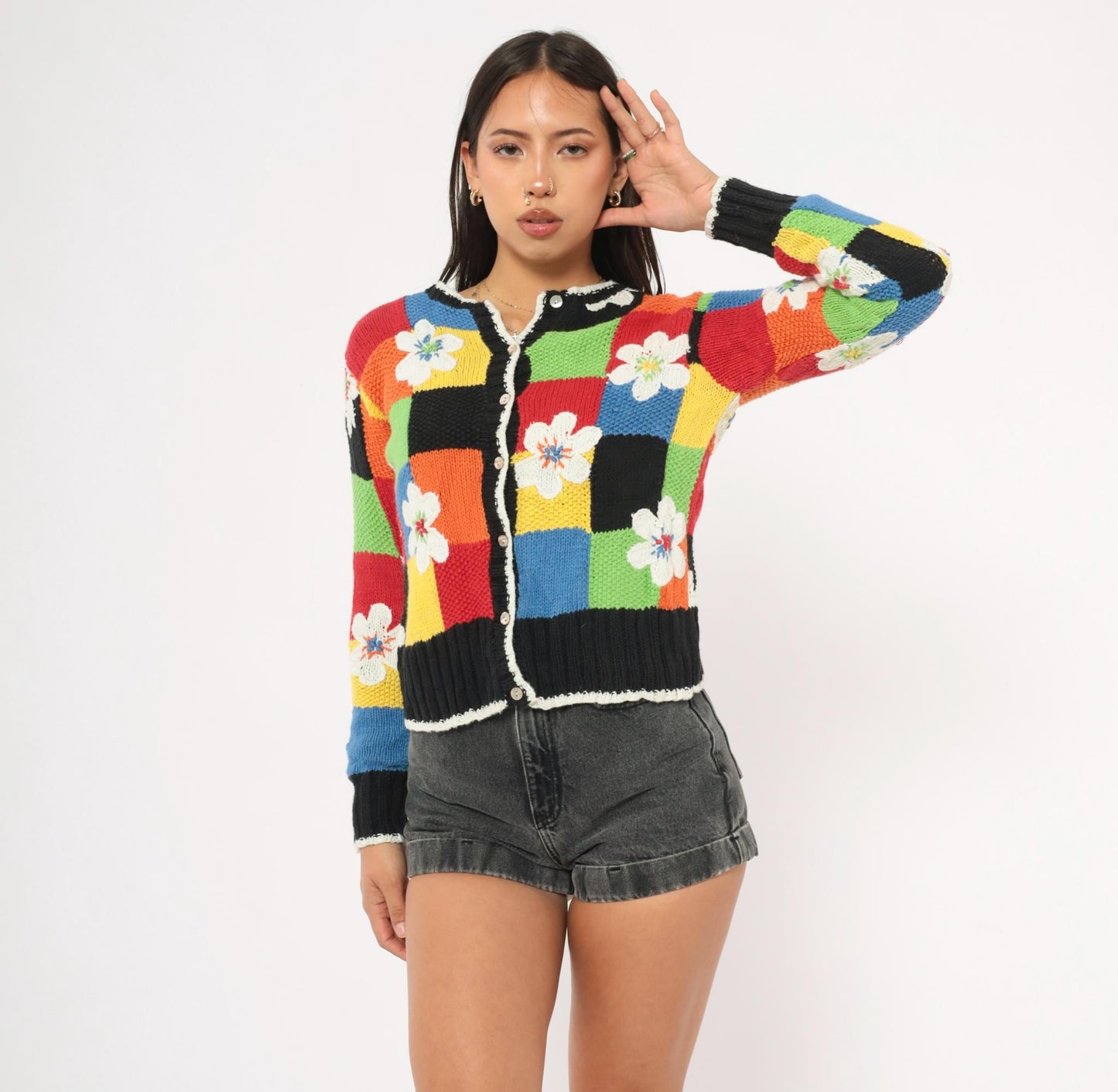 2000s Susan Bristol Patchwork Cardigan Colorblock Floral Applique Small S