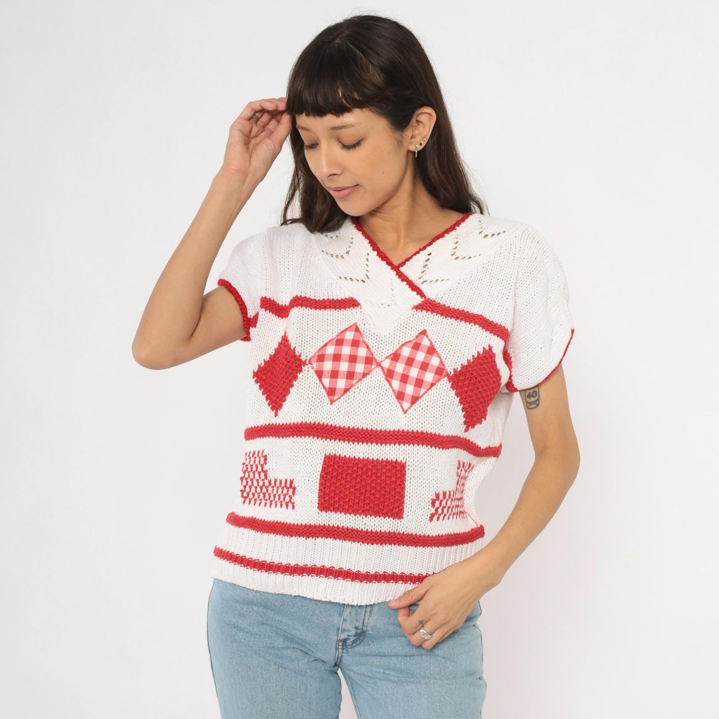 80s SML Sport Gingham Patchwork Knit Top White Red V-Neck Small