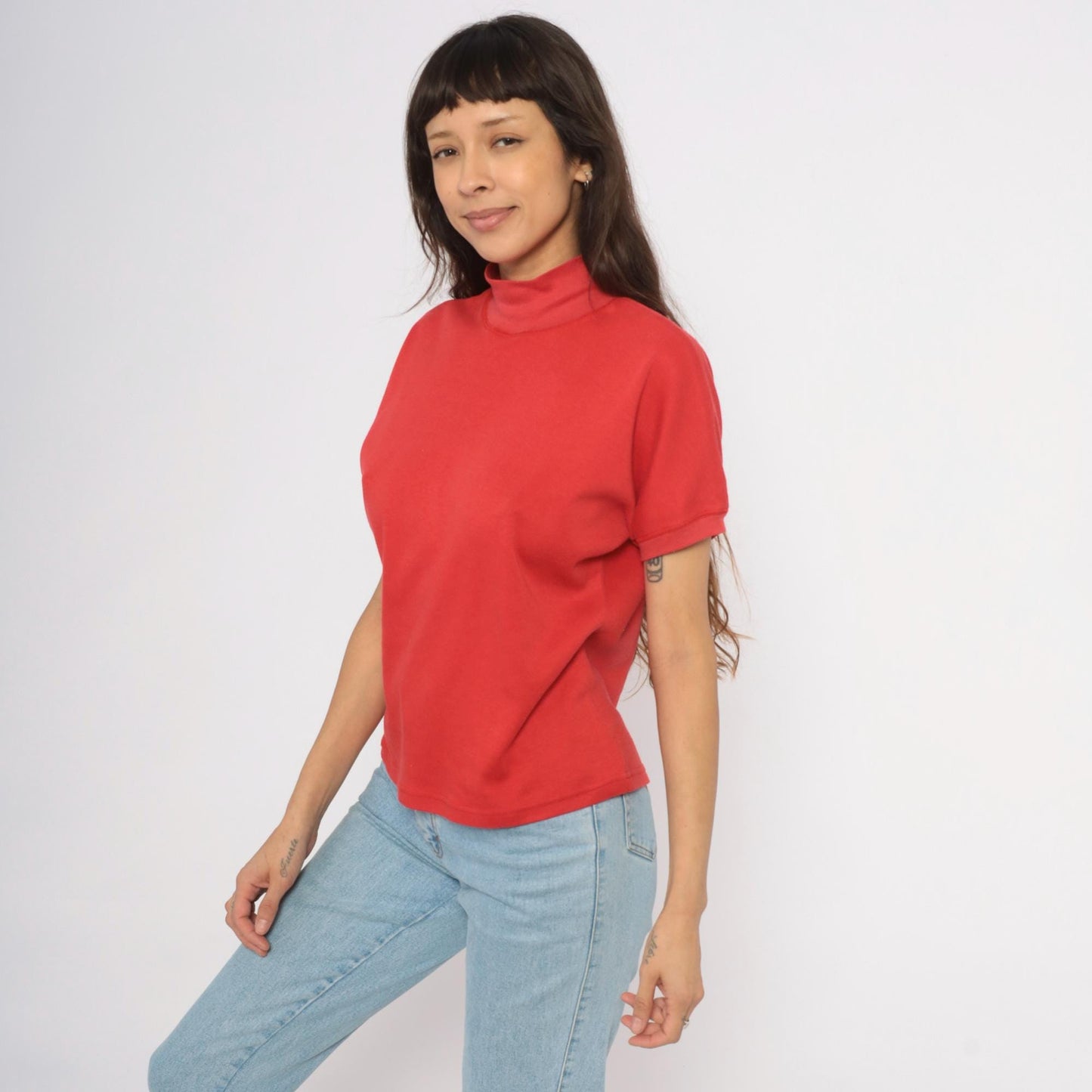 90s French Navy Red Mock Neck Cotton Tee Short Sleeve Medium M