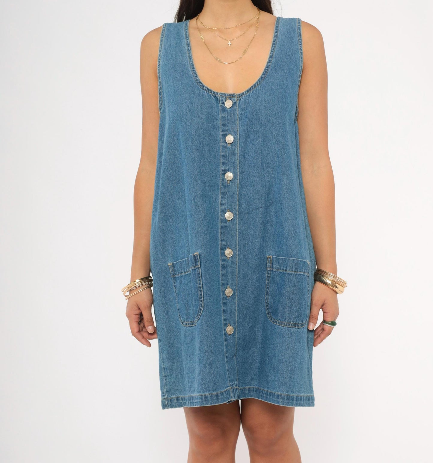 90s Cherokee Denim Jumper Dress Button Front Mini Blue Chambray Large L