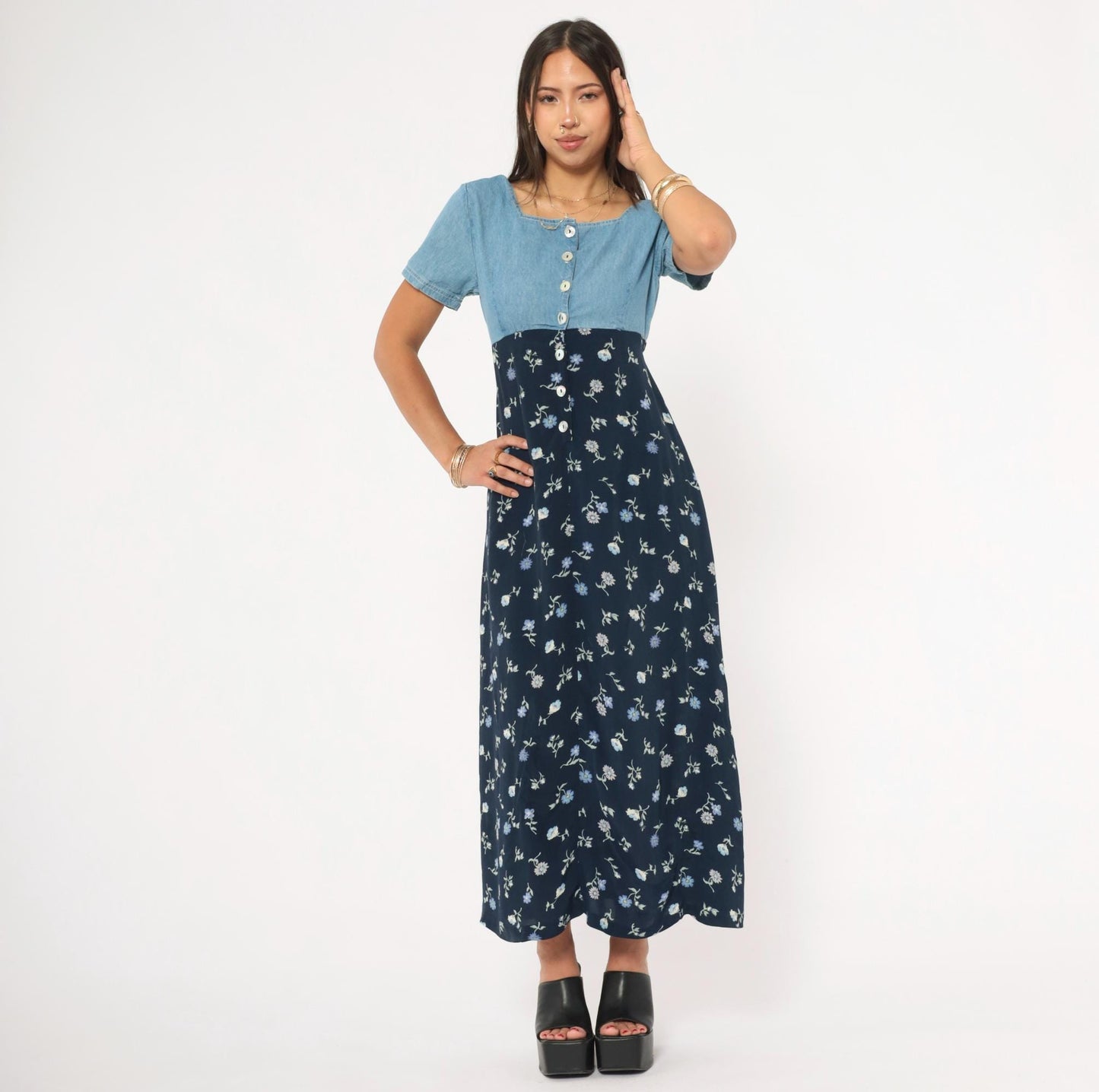 90s Express Denim Floral Maxi Dress Navy Empire Waist Button Front Small