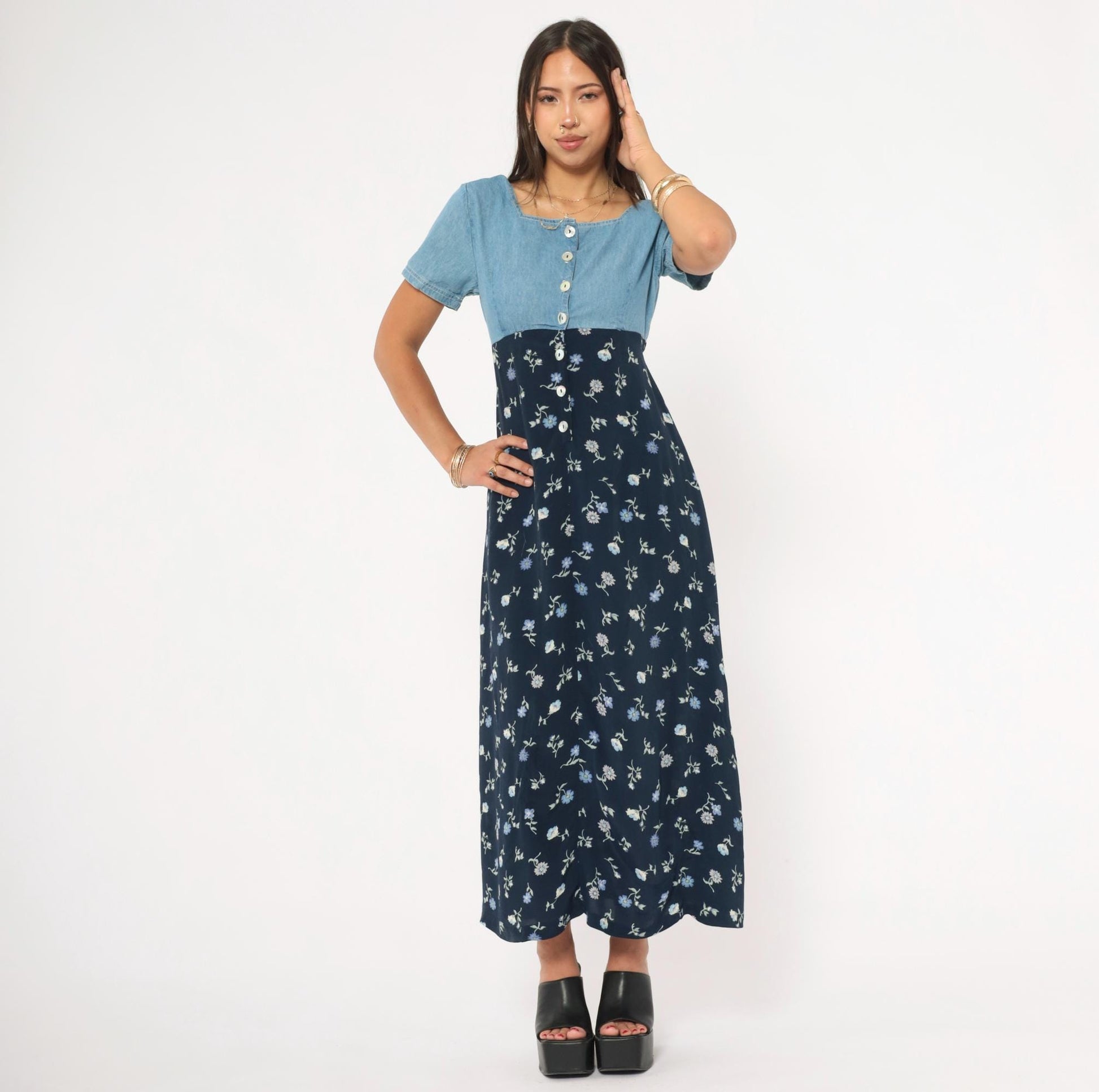 90s Express Denim Floral Maxi Dress Navy Empire Waist Button Front Small