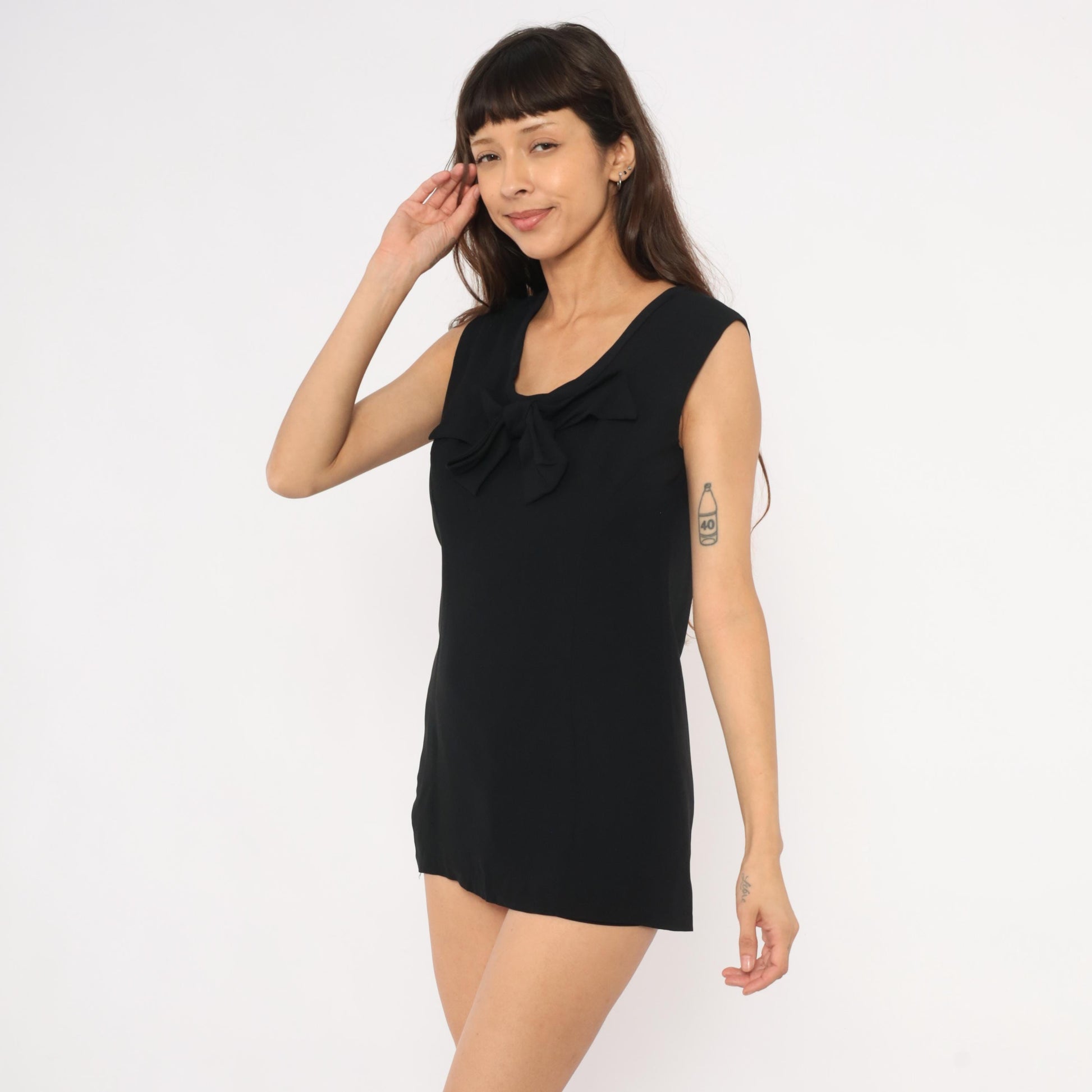 60s Mod Mini Dress Black Bow Front Sleeveless Shift Cocktail Small