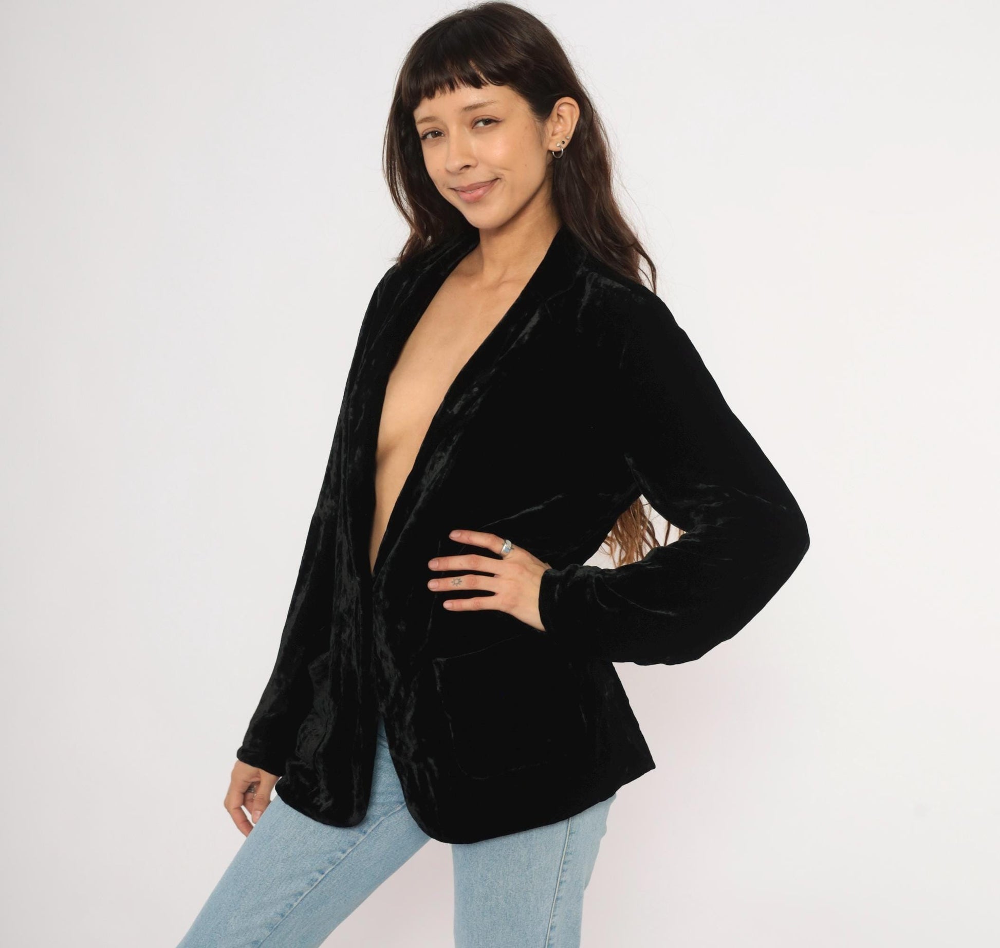 90s J. Jill Black Crushed Velvet Blazer Deep V Single Button Medium