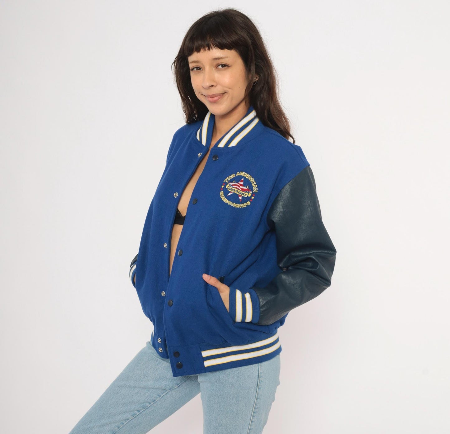 2000s Varsity Royal Blue Letterman Jacket Wool Leather Sleeve Championship Embroidered Small