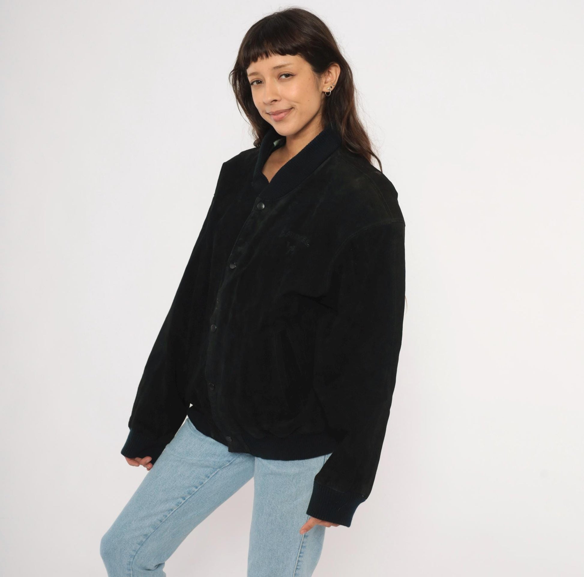 90s Camel Black Suede Bomber Jacket Knit Collar Leather Coat Extra Large XL