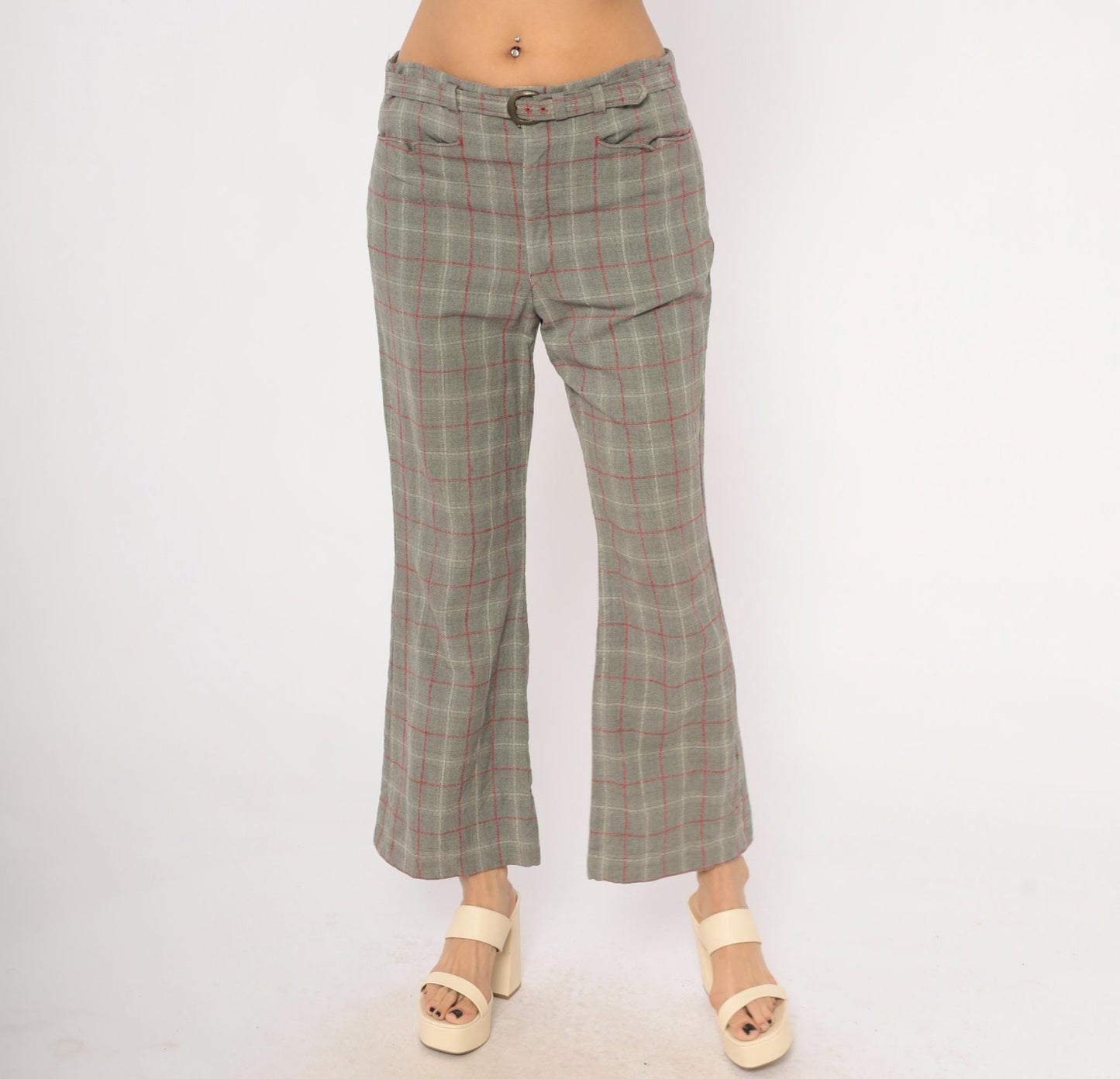 70s Grey Plaid Wool Blend Kick Flare Pants Red Windowpane Low Rise Medium M