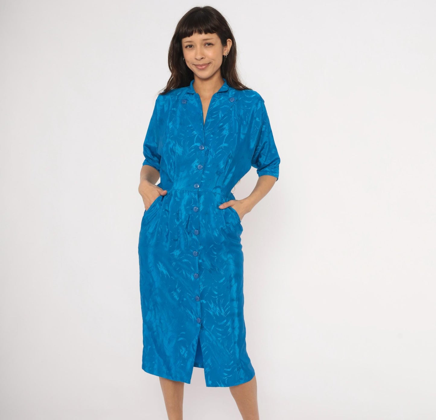 80s Joni Blair Cobalt Jacquard Shirtdress Midi Blue Half Sleeve Small S
