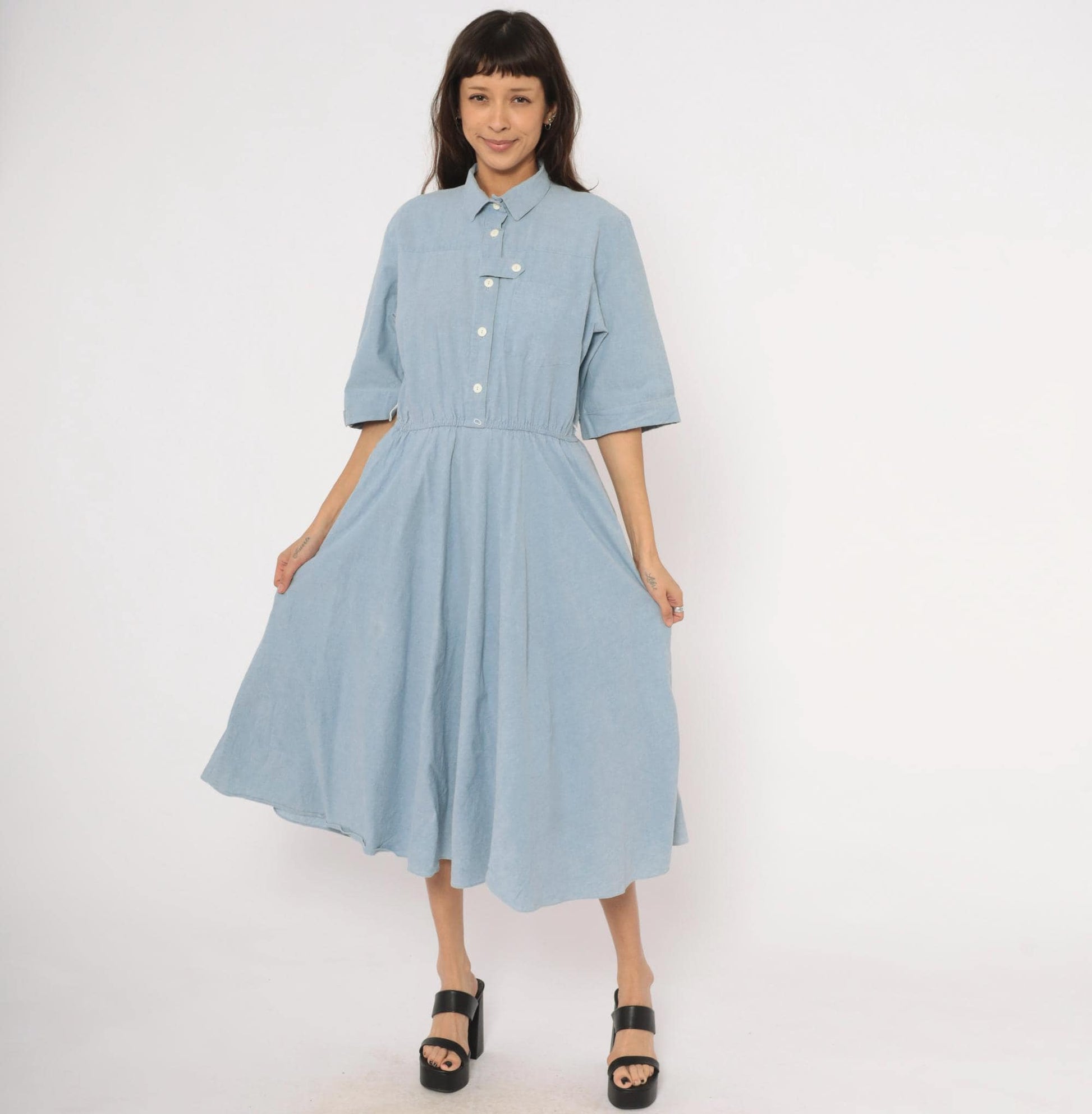 80s Powder Blue Chambray Shirt Dress Cotton Midi Flared Skirt Large L
