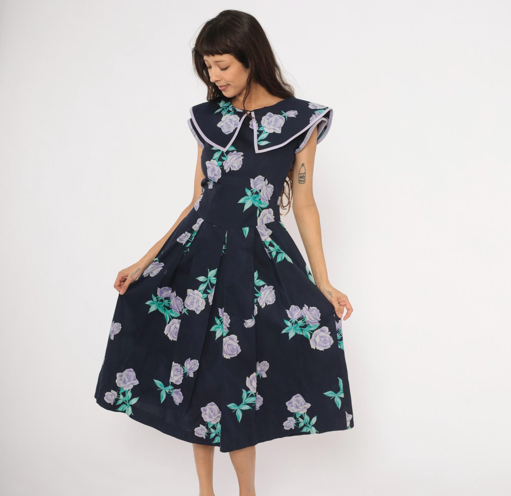 80s Kathryn Conover Floral Midi Dress Sailor Collar Cotton Purple Rose Extra Small XS