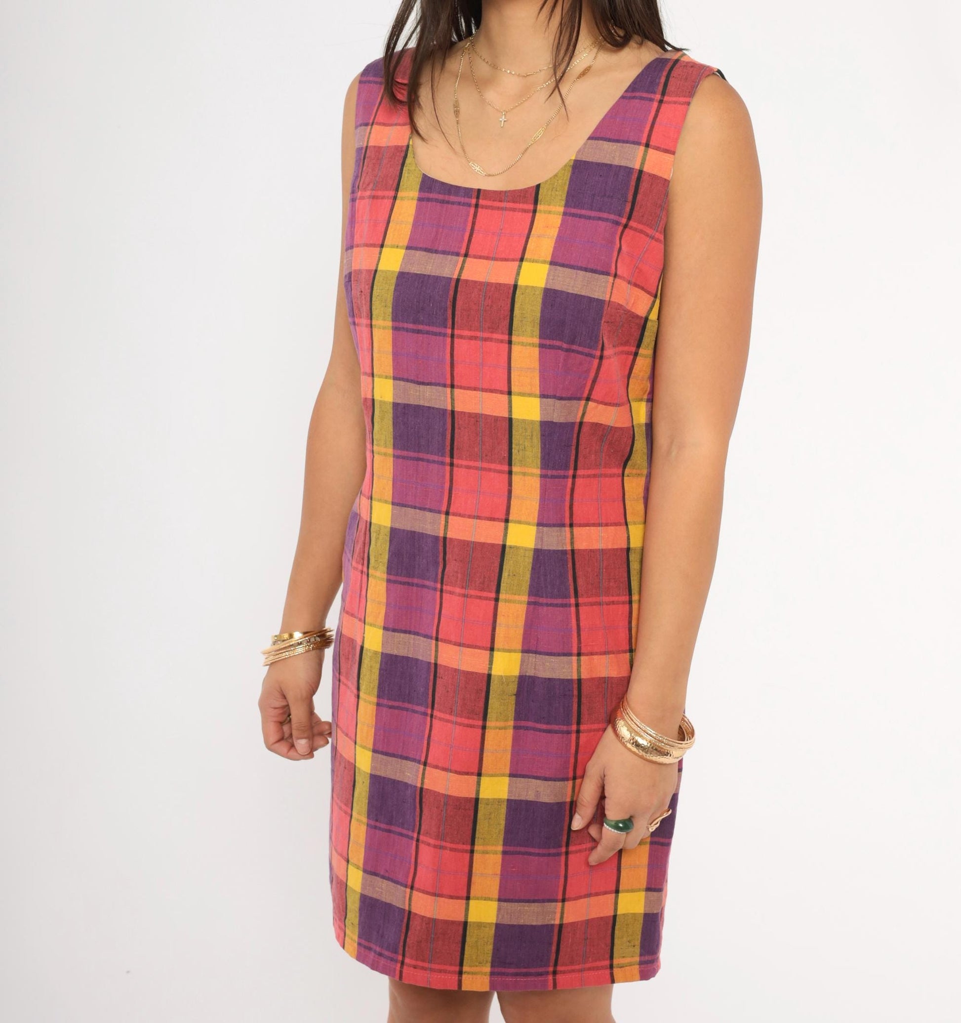 90s For Petes Sake Plaid Mini Dress Linen Scoop Neck Purple Yellow Pink Small