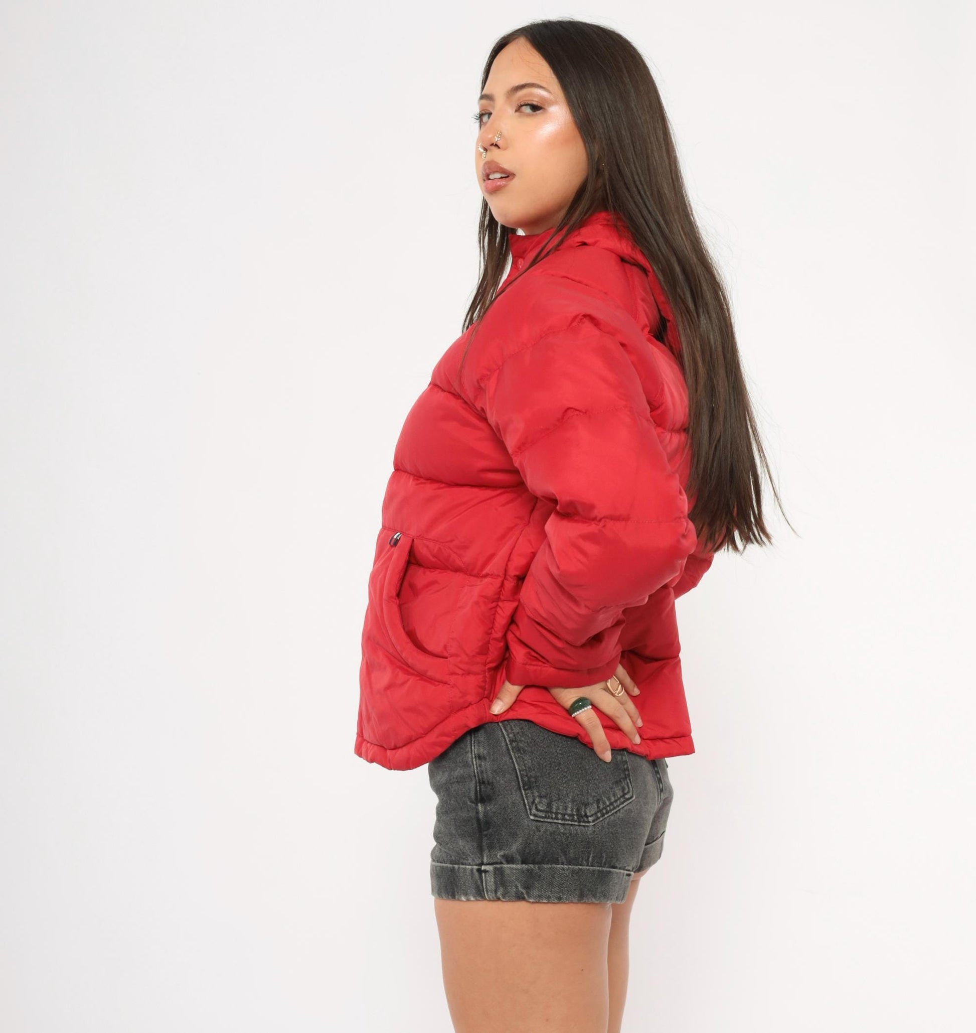 90s Tommy Jeans Red Down Puffer Jacket Hooded Cropped Quilted Medium M