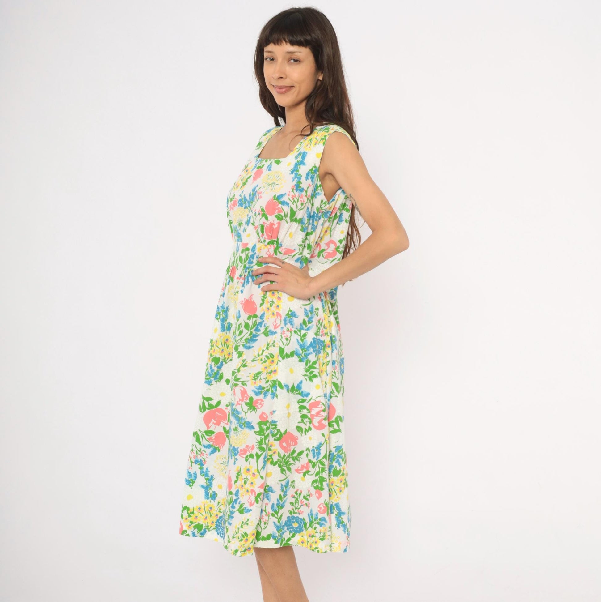70s New Perspective Floral Midi Sundress Square Neck Pleated Cotton Pink Blue Large L