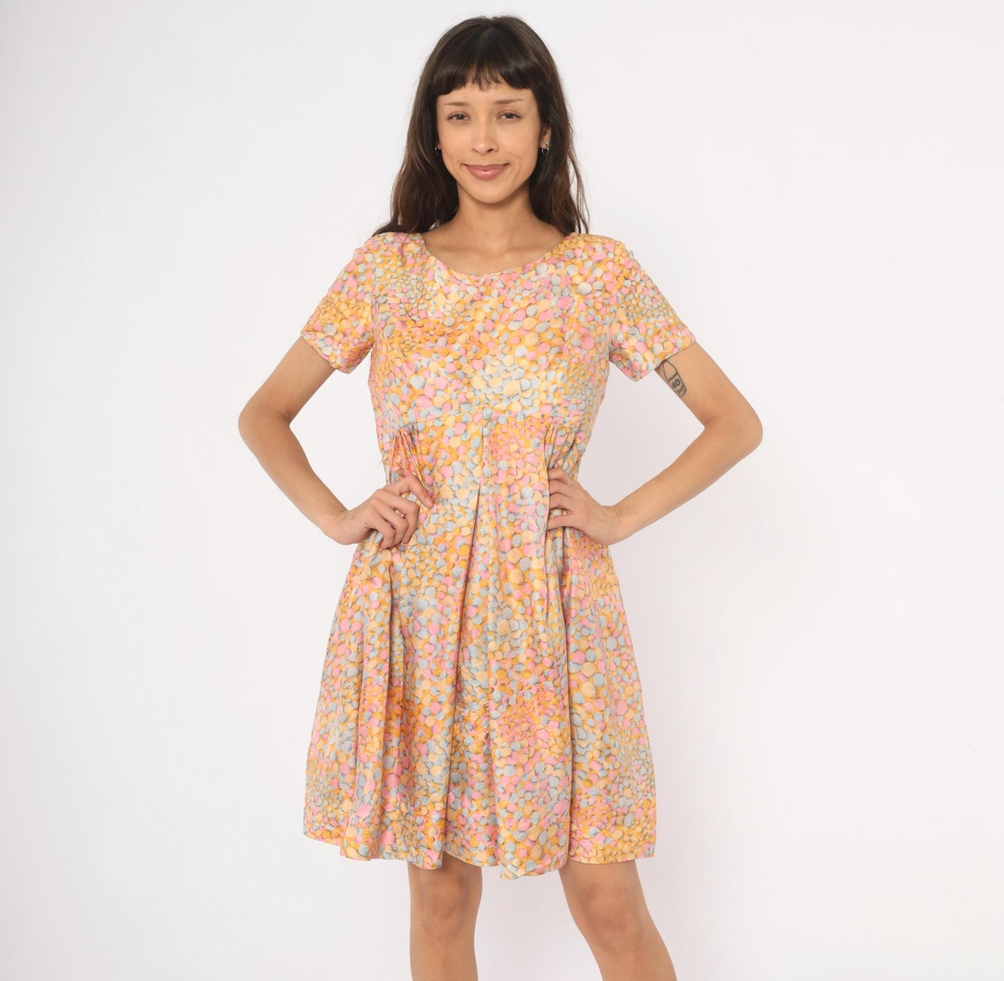 60s Silk Babydoll Dress Pebble Print Orange Pink Blue Mini Scoop Neck Medium M
