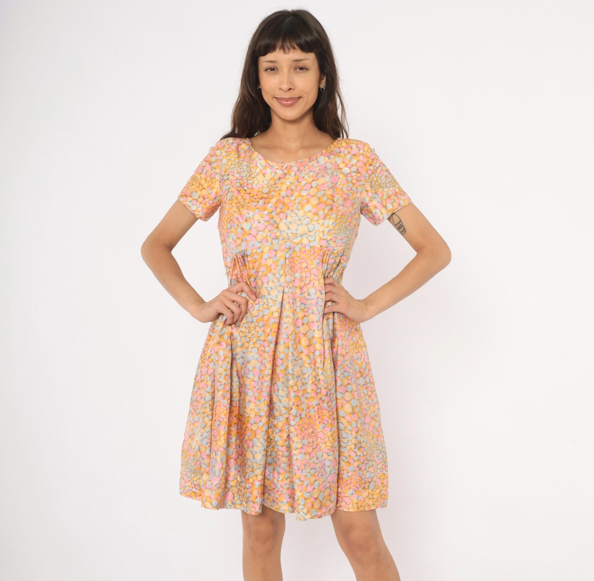 60s Silk Babydoll Dress Pebble Print Orange Pink Blue Mini Scoop Neck Medium M