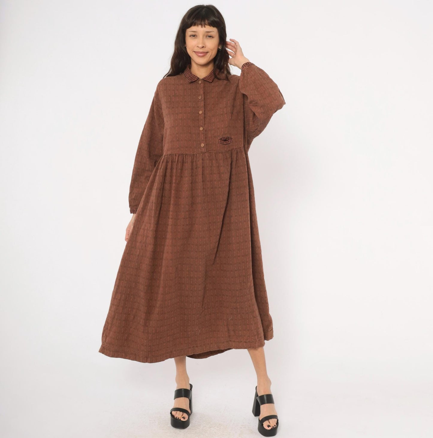 90s No Saint Brown Maxi Shirt Dress Houndstooth Collar Diamond Pattern Medium