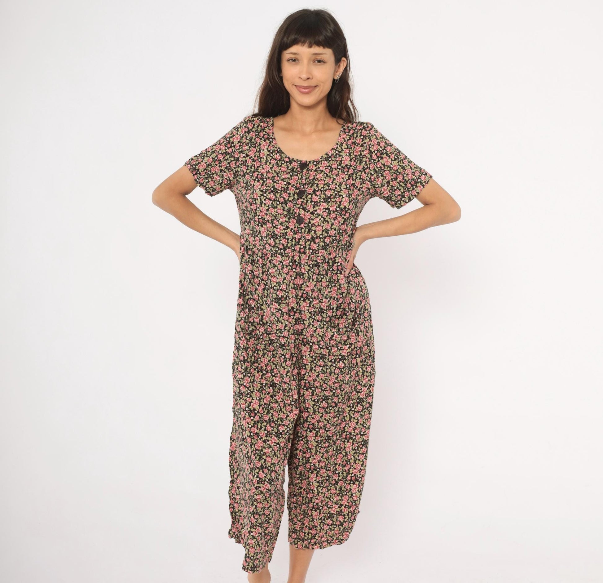 90s Black Floral Jumpsuit Wide Leg Rose Print Scoop Neck Medium M