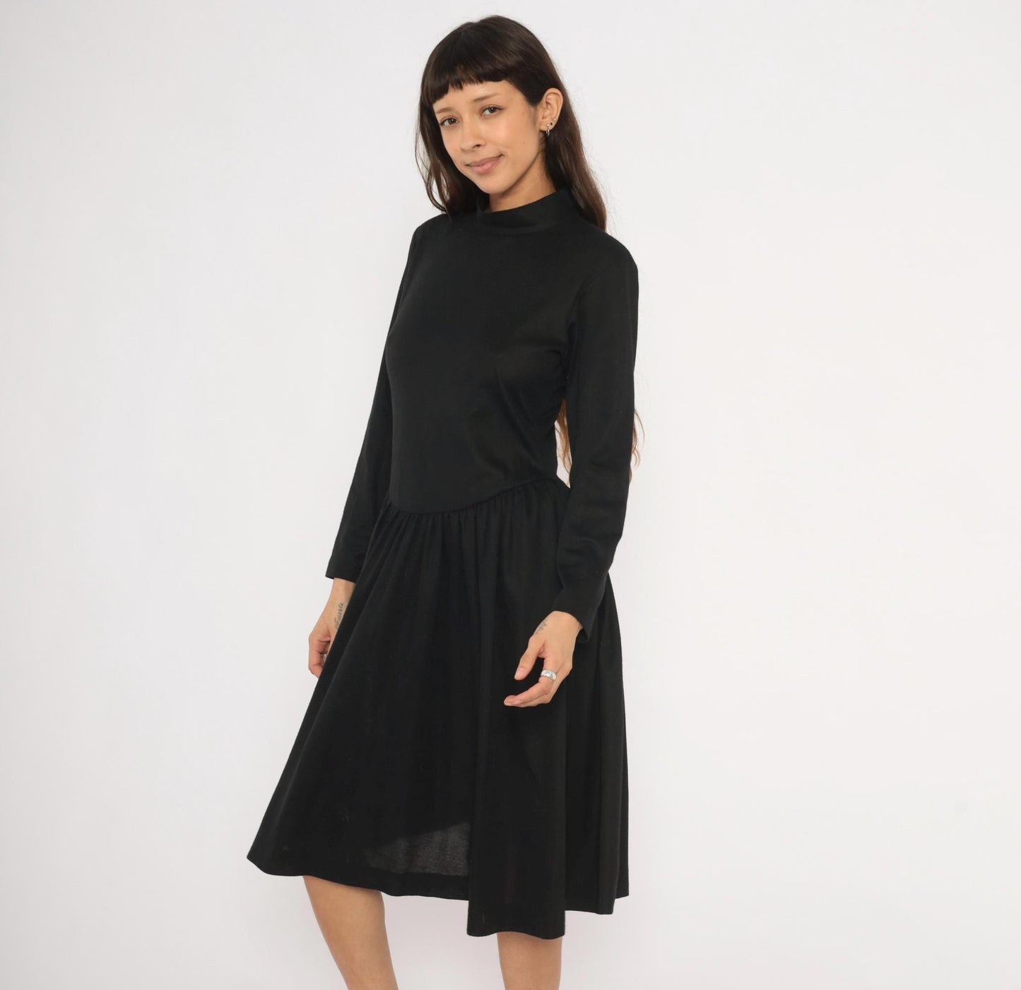 80s Vicky Vaughn Mock Neck Dress Black Drop Waist A-Line Medium M