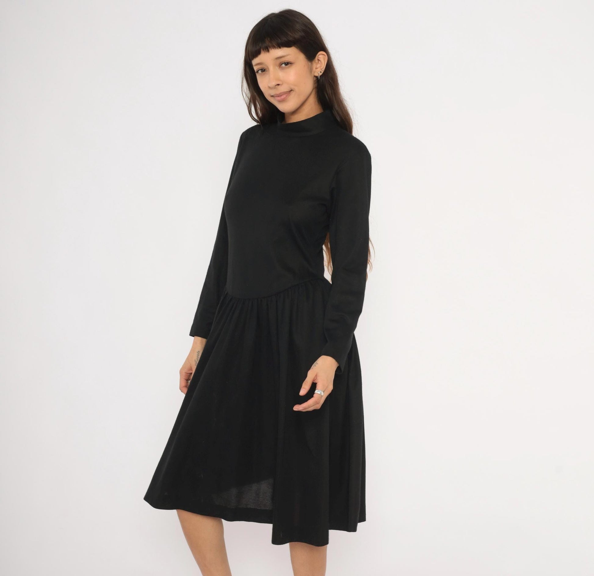 80s Vicky Vaughn Mock Neck Dress Black Drop Waist A-Line Medium M