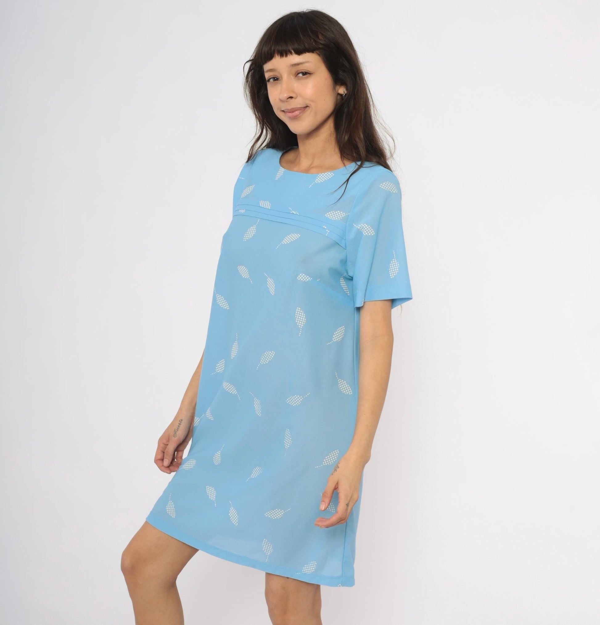 80s Sky Blue Leaf Shift Dress White Scattered Pattern Pintuck Medium