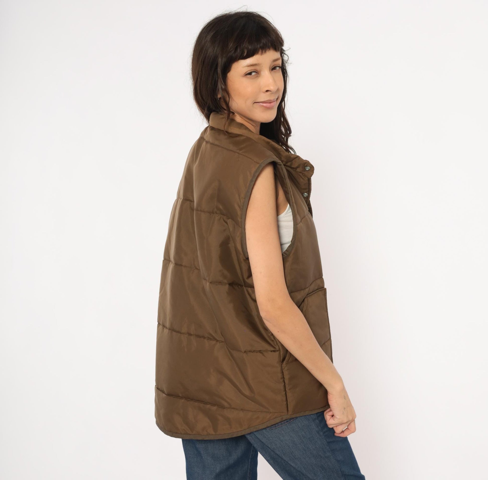 80s Brown Quilted Puffer Vest Snap Front Sleeveless Jacket Large L
