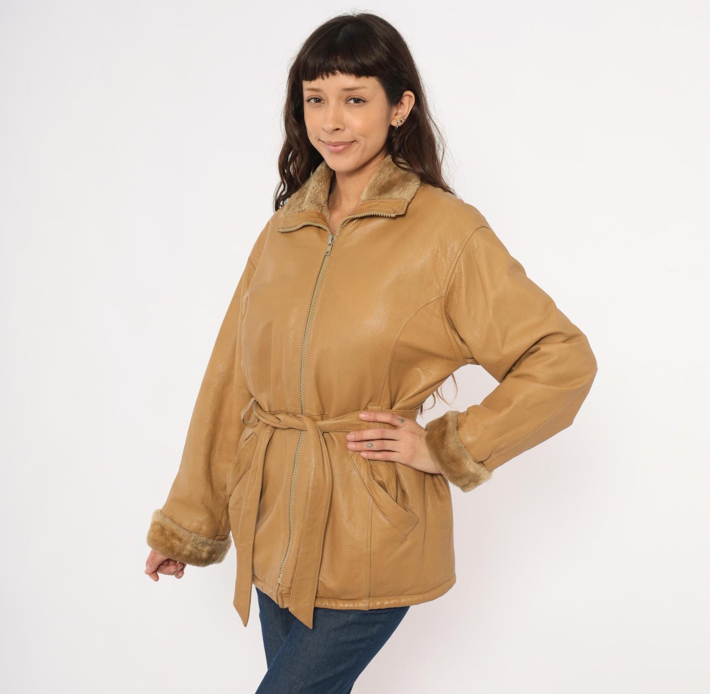 2000s Mny Tan Leather Jacket Fur-Trimmed Collar Belted Hip-Length Small S