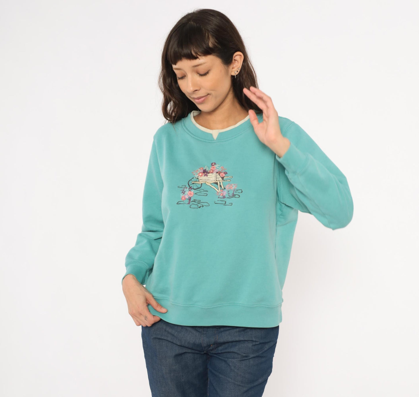 90s Shenanigans Embroidered Garden Wheelbarrow Sweatshirt Teal Medium