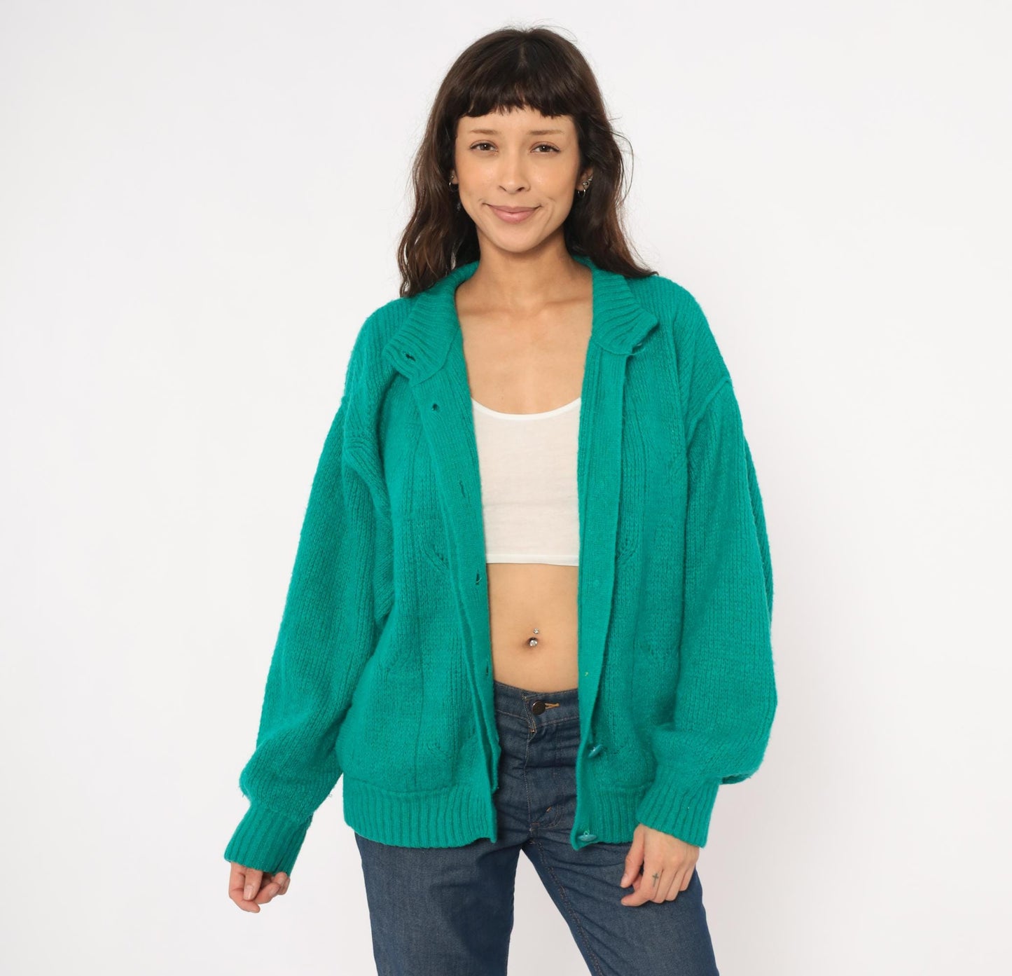 90s Astri Teal Mohair Cardigan Leaf Cable Knit Bomber Medium M