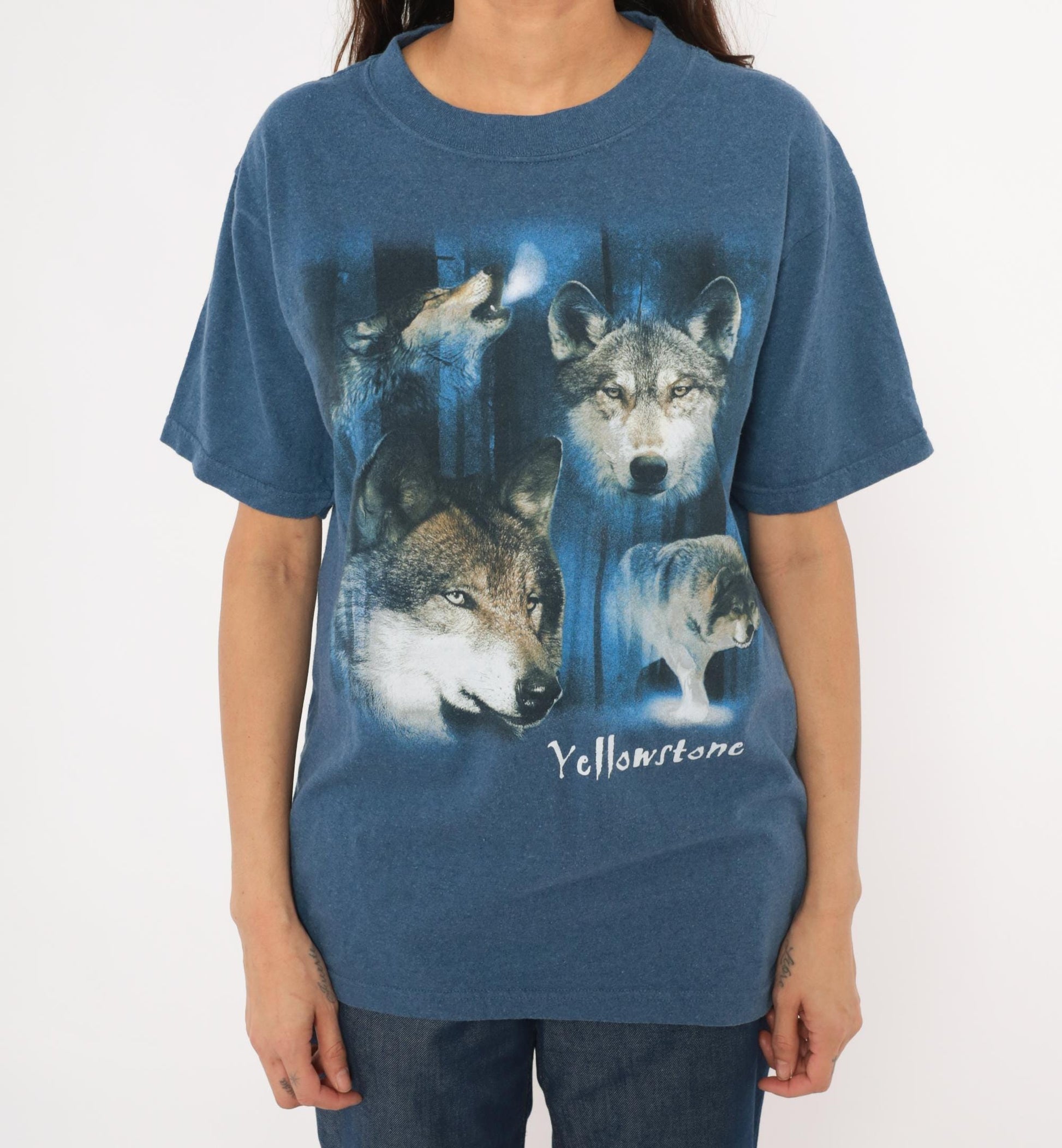 2000s Eco Mountain Yellowstone Wolf Graphic Tee Blue Medium M