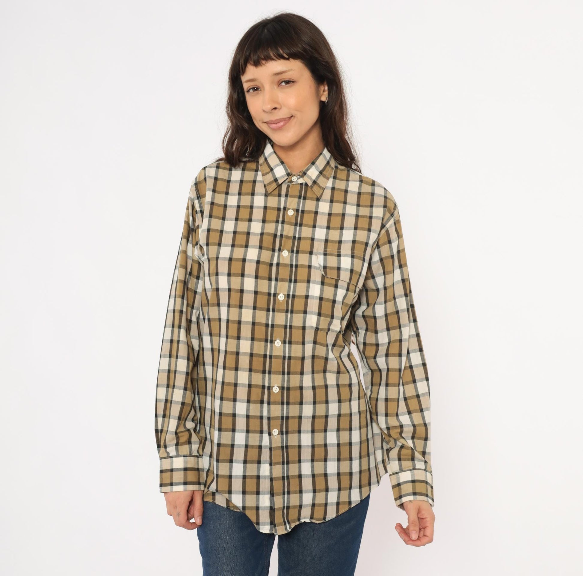 90s Steeplechase Plaid Button-Up Shirt Tan Navy Cream Medium