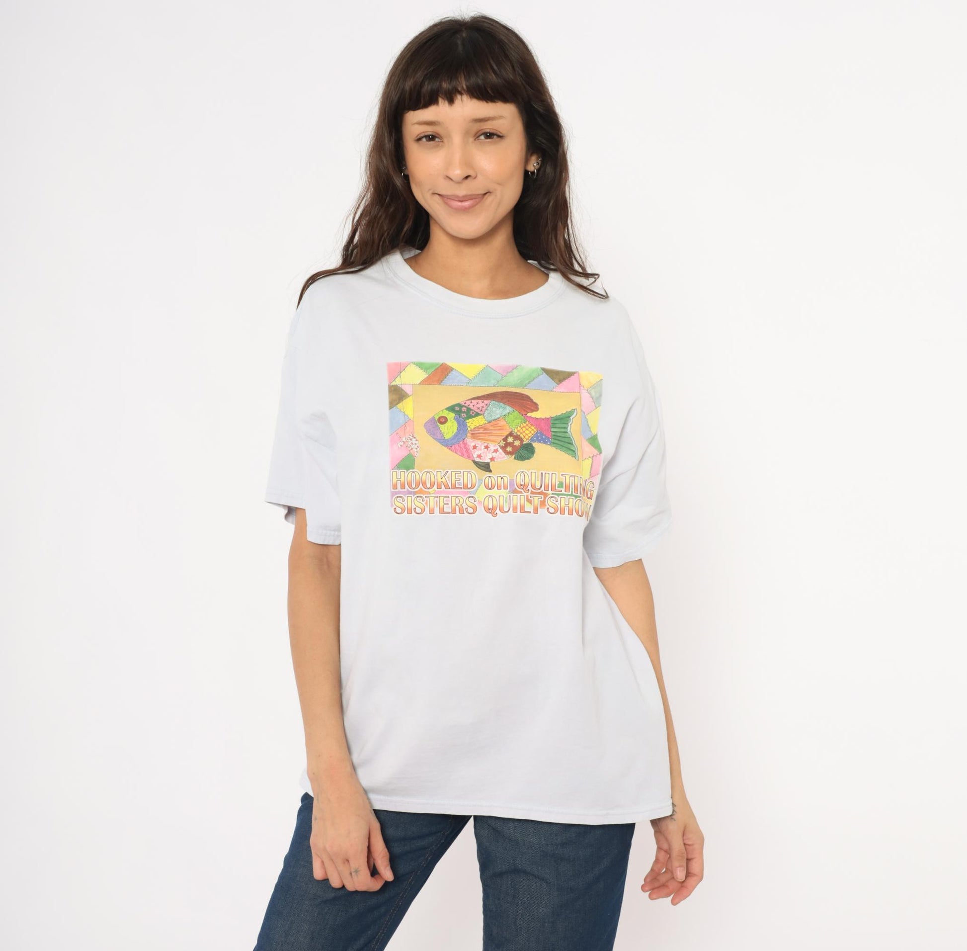 90s Gildan Fish Graphic Tee Quilted Sisters Quilt Show Pale Blue Large L