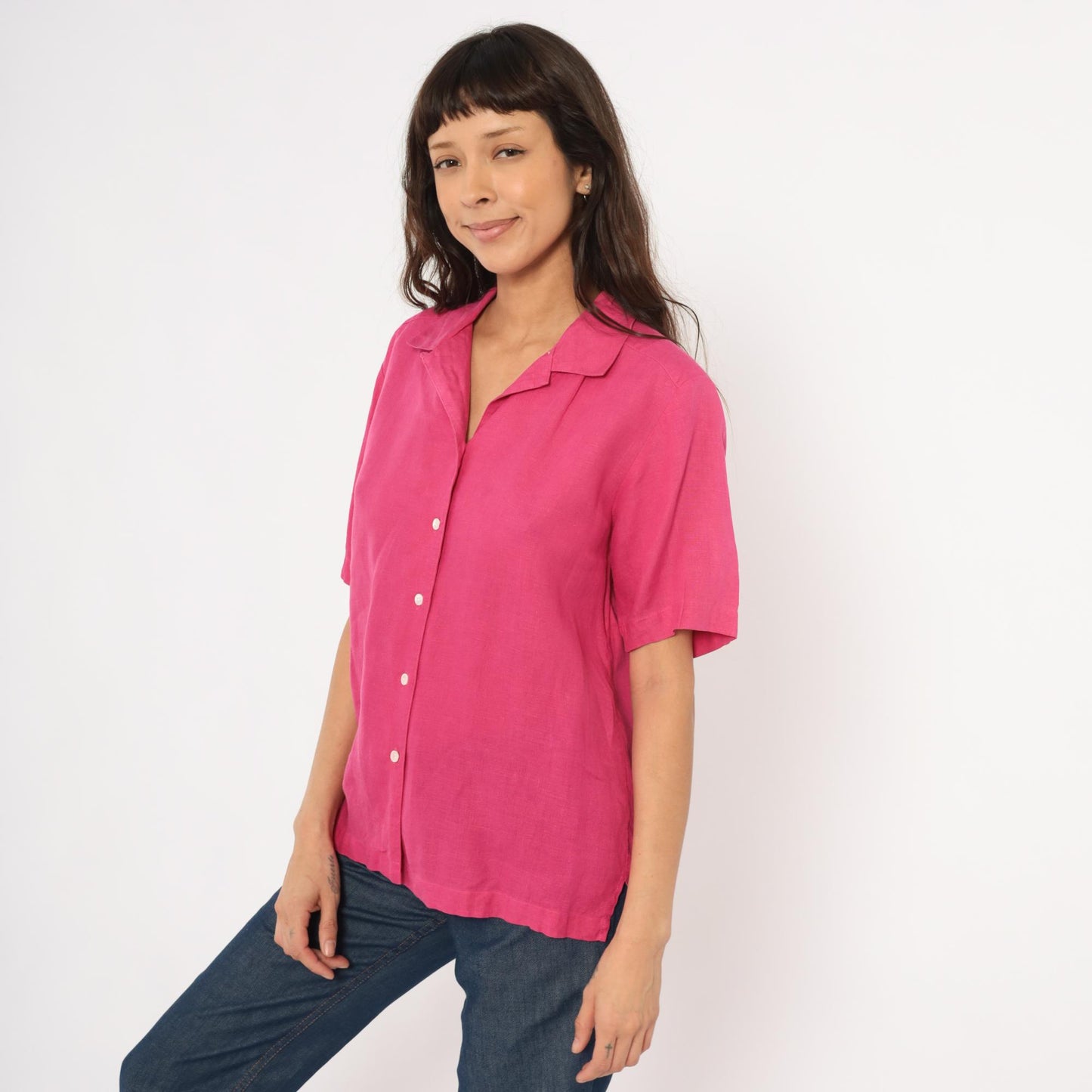 80s Brooks Brothers Fuchsia Linen Camp Collar Shirt Button Front Medium M