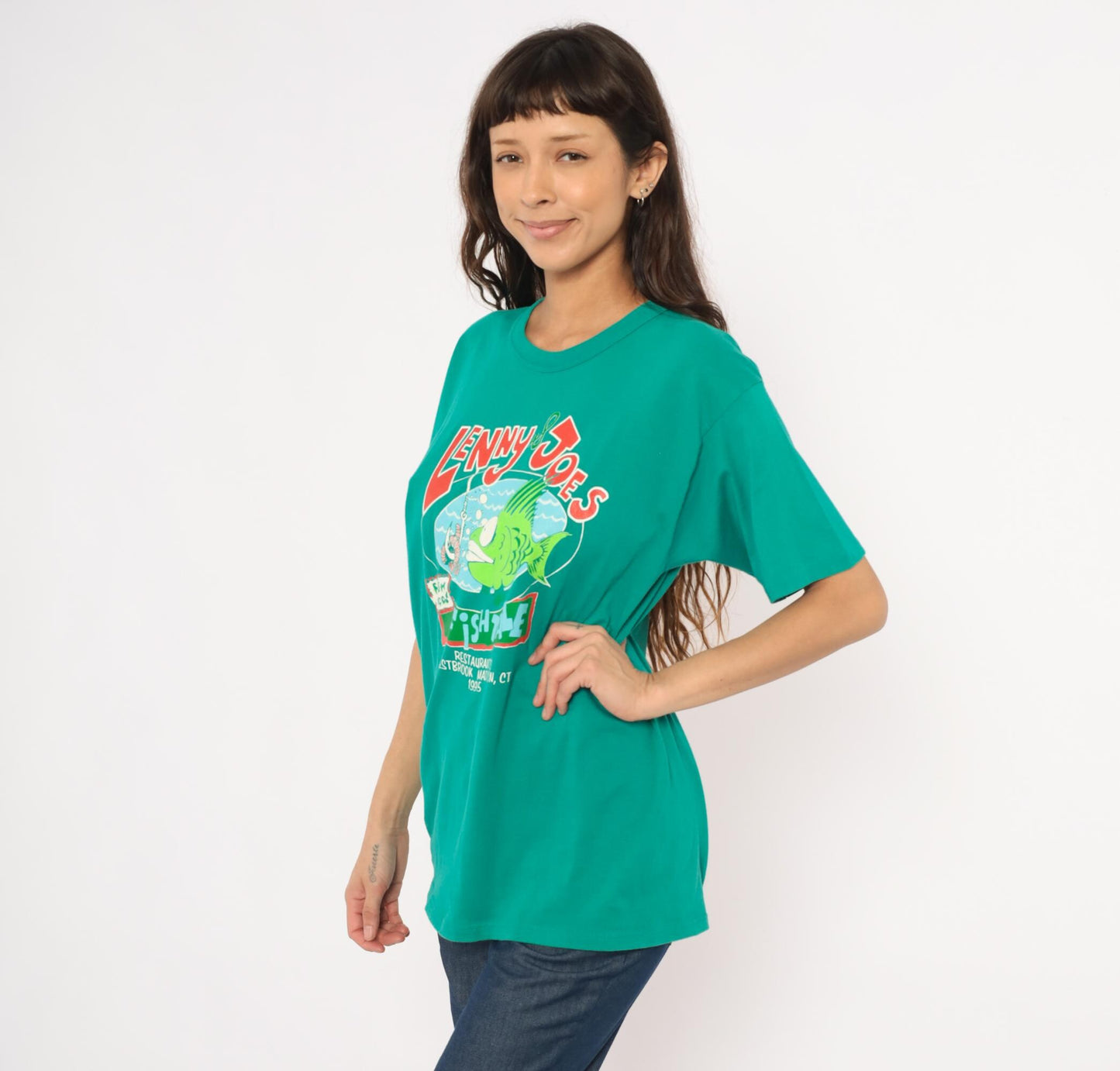 90s Lenny & Joe's Fish Tale Teal Graphic Tee Cotton Cartoon Fish Large L
