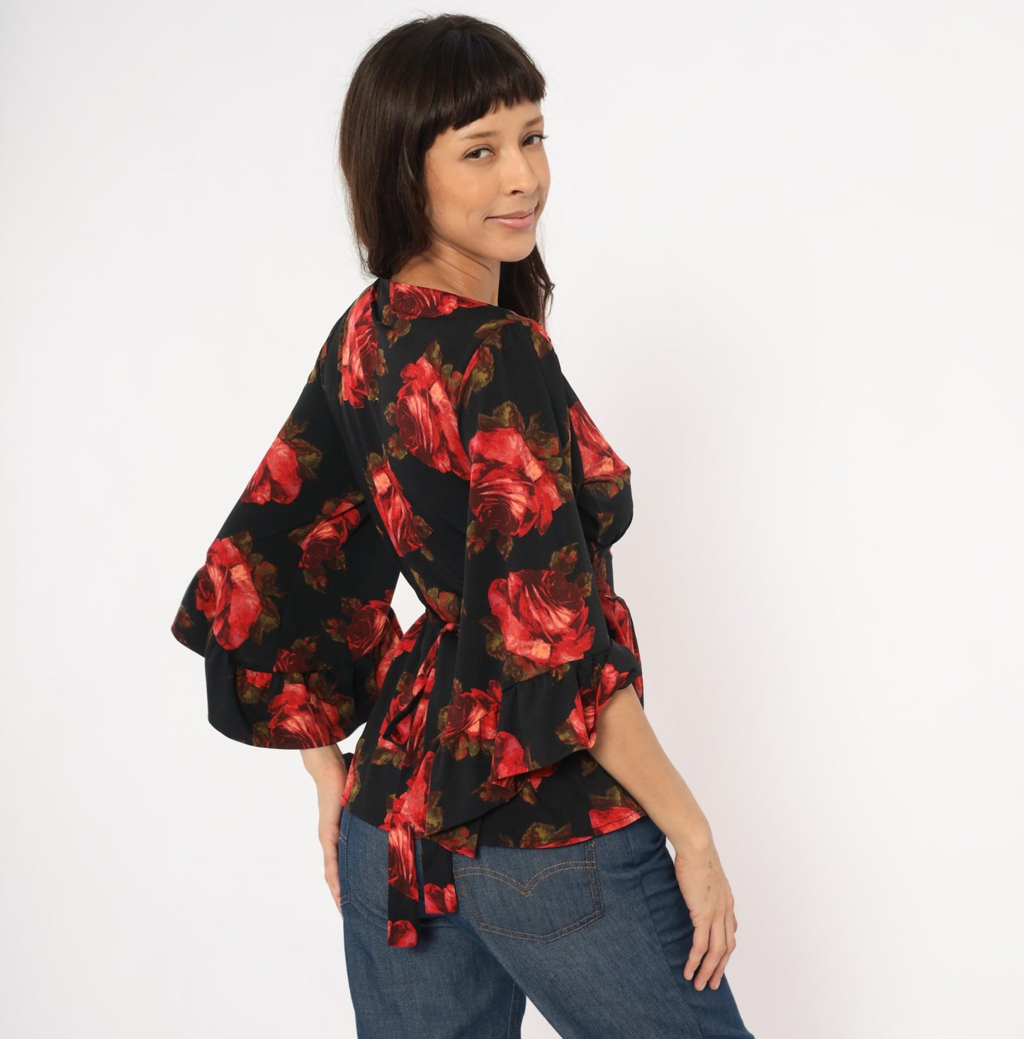 Betsey Johnson 2000s Rose Print Wrap Top Black Bell Sleeve Peplum Small