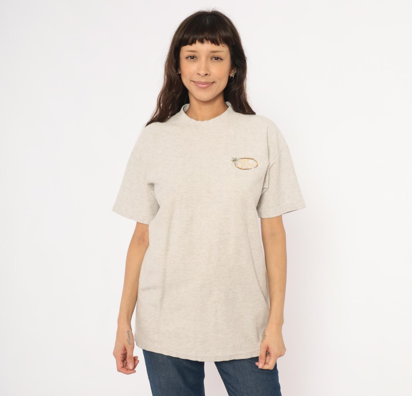 90s King Cotton Hobe Sound Palm Tree Embroidered Tee Oatmeal Medium