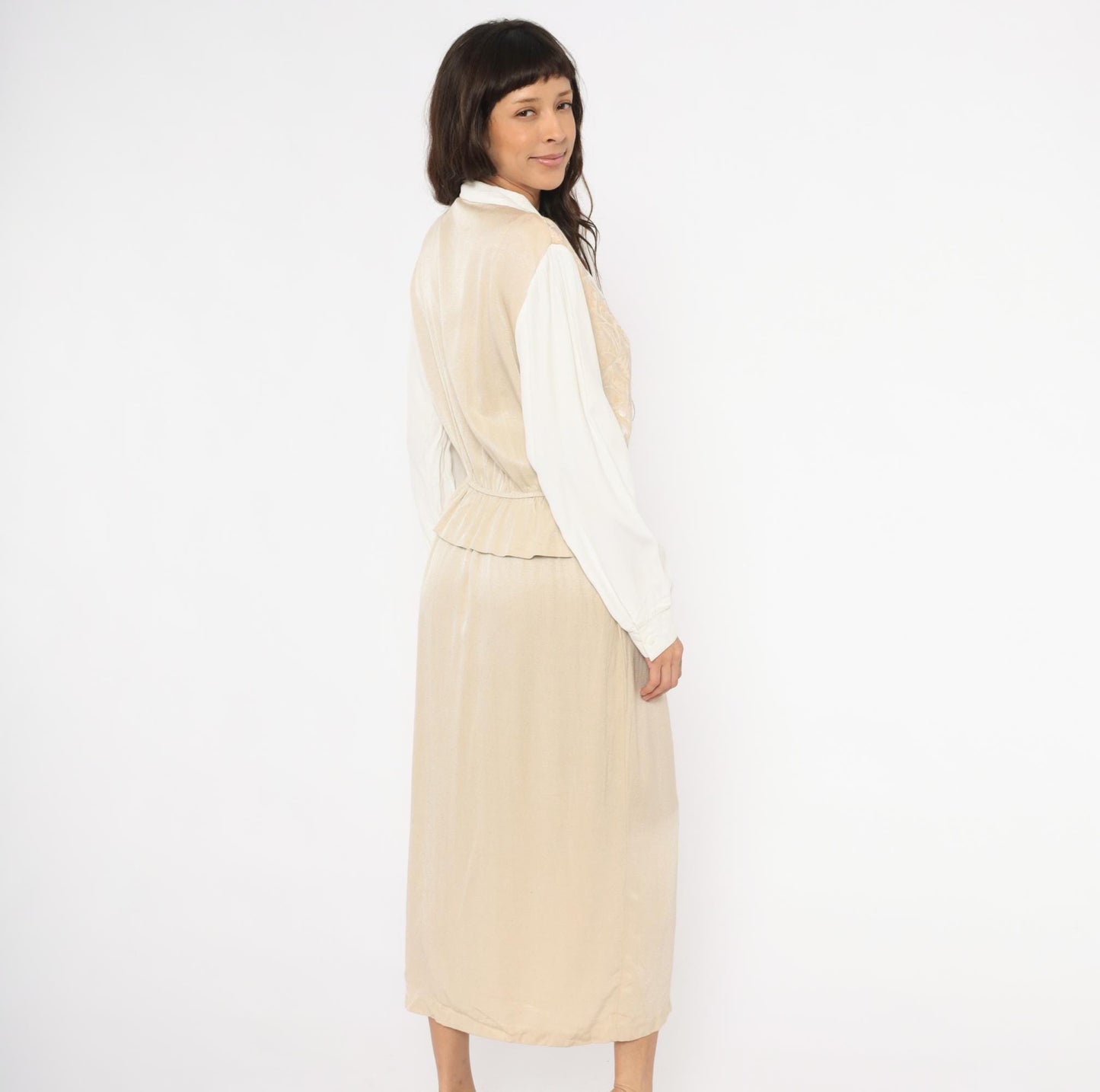 80s Miss Scarlett Jacquard Vest Midi Dress Ivory Collar Cream Sleeves Large L