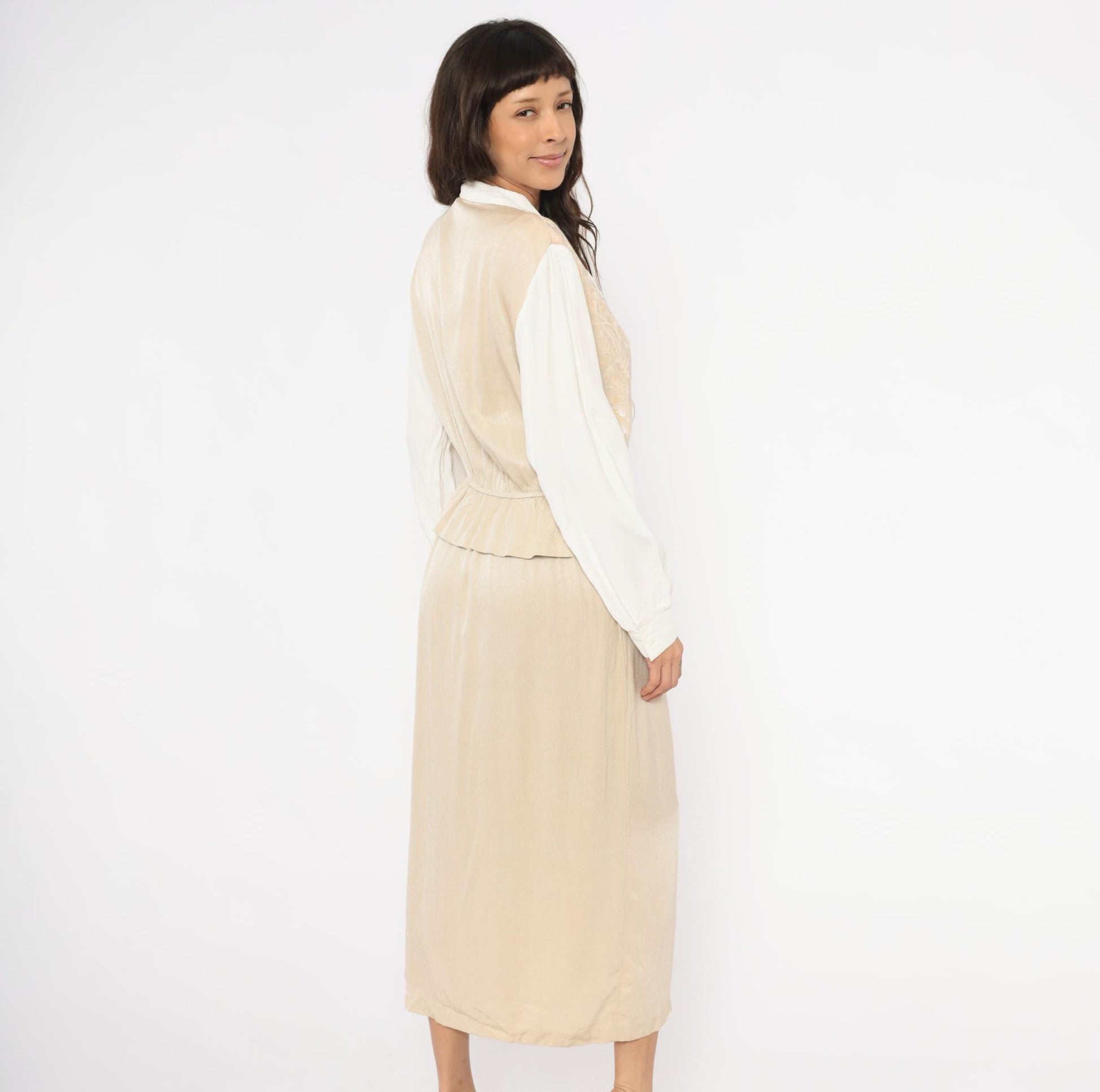 80s Miss Scarlett Jacquard Vest Midi Dress Ivory Collar Cream Sleeves Large L